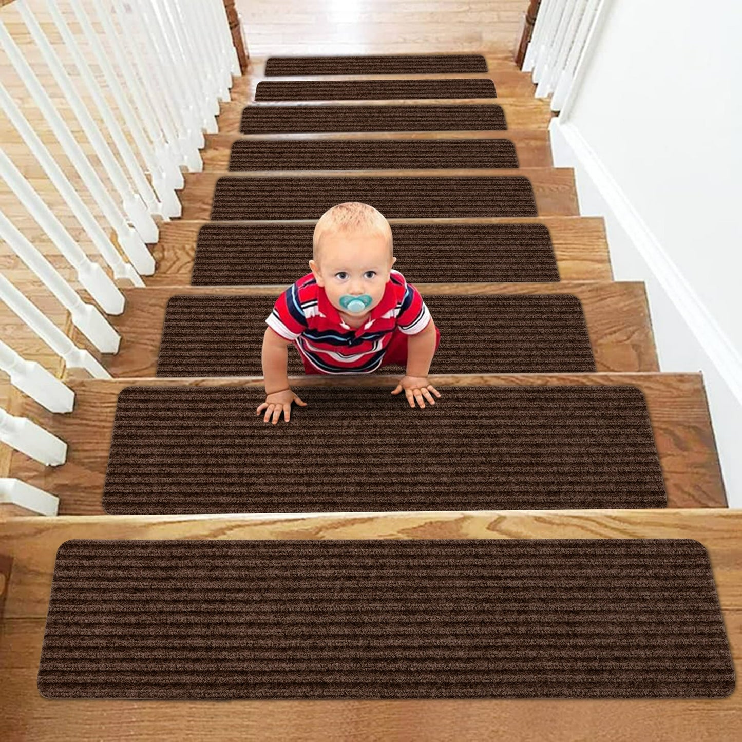 Onekawa Waterproof Non-Slip Rubberback Stair Treads for Wooden Steps,30'' X 8'' Indoor/Outdoor Stair Runners,7 Pack,brown
