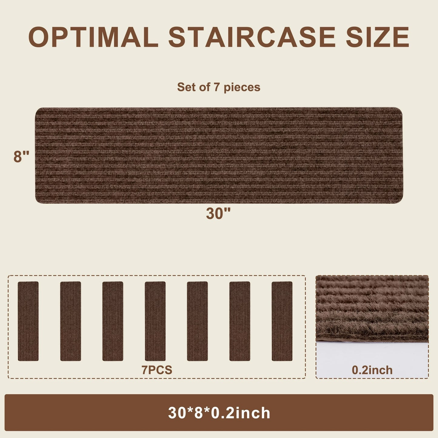 Onekawa Waterproof Non-Slip Rubberback Stair Treads for Wooden Steps,30'' X 8'' Indoor/Outdoor Stair Runners,7 Pack,brown
