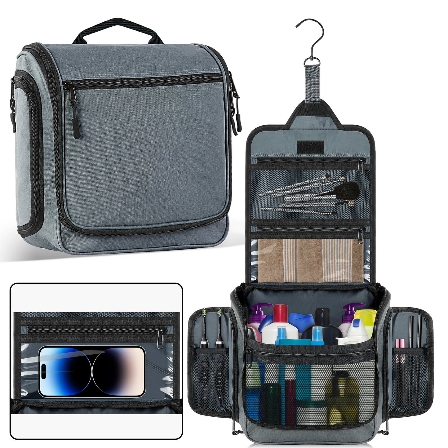 Onekawa Onekawa Toiletry Bag for Women and Men,Hanging Travel Toiletries Organizer ,Travel Makeup Bag,Travel Essentials,Grey