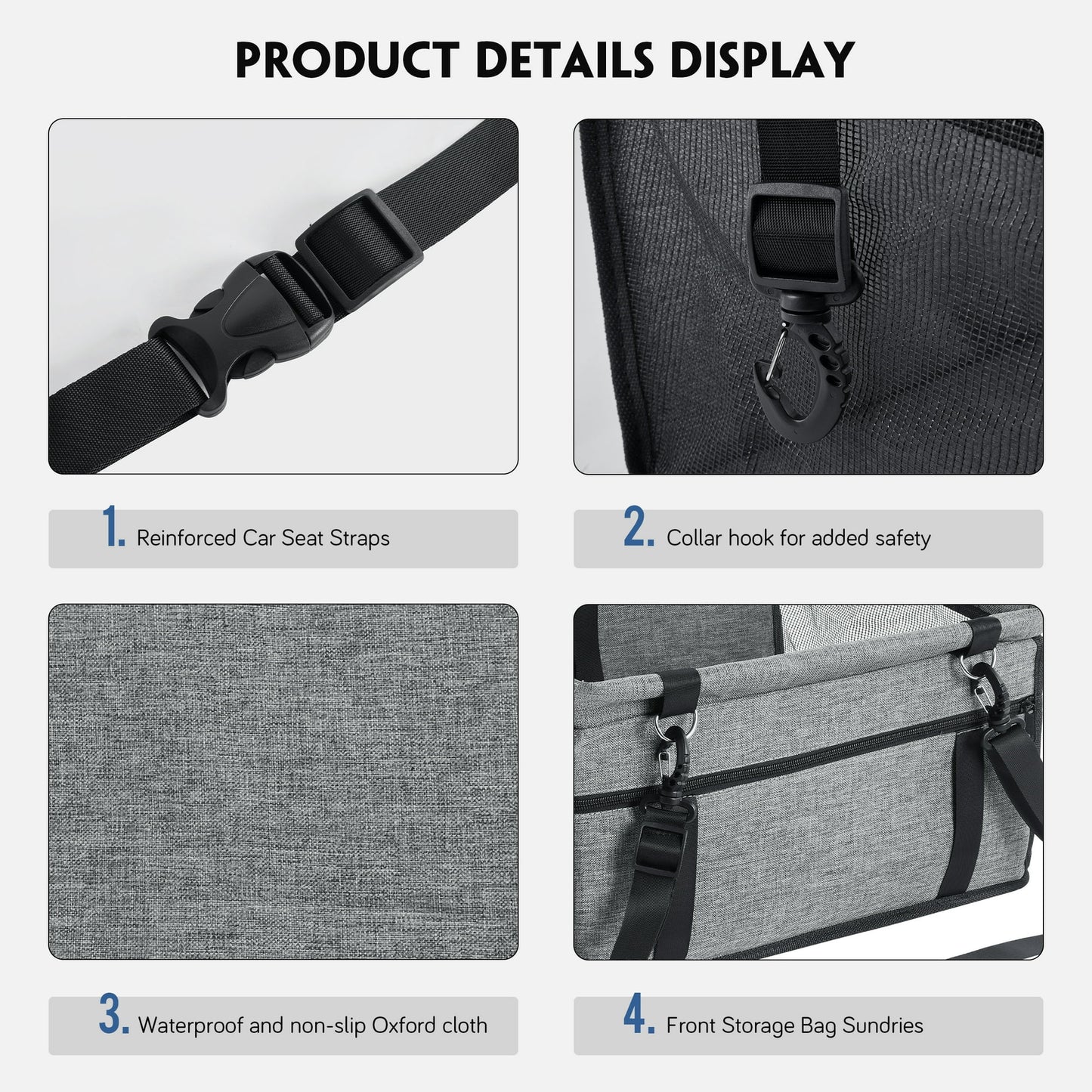 Onekawa Dog Car Seat Waterproof,Breathable Cushion for Pets,with Seat Belt,for Small/ Medium Dog,Grey