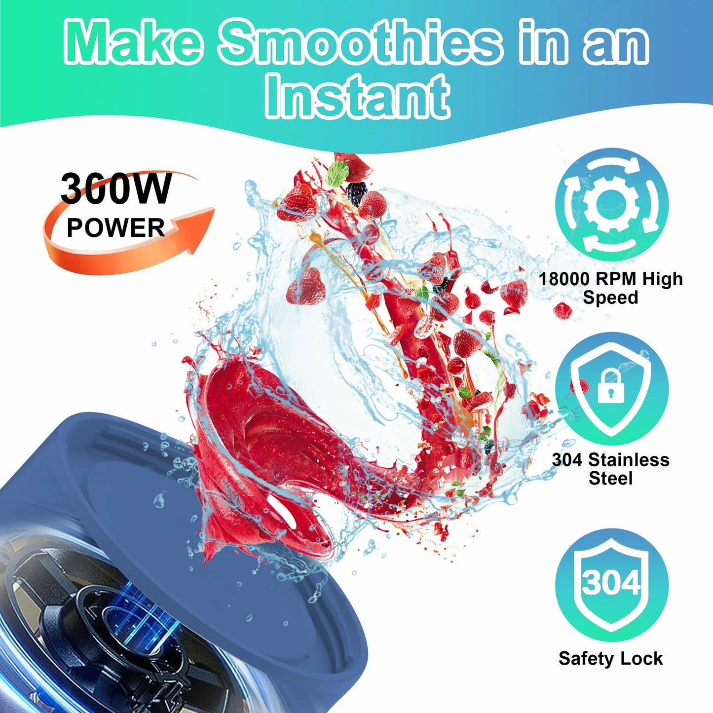 Onekawa Portable Blender,17oz. Vessel,Personal Blender for Smoothies Shakes and Proteins,Juice Cup with Travel Lids for Home Kitchen, Office and Sports,Blue