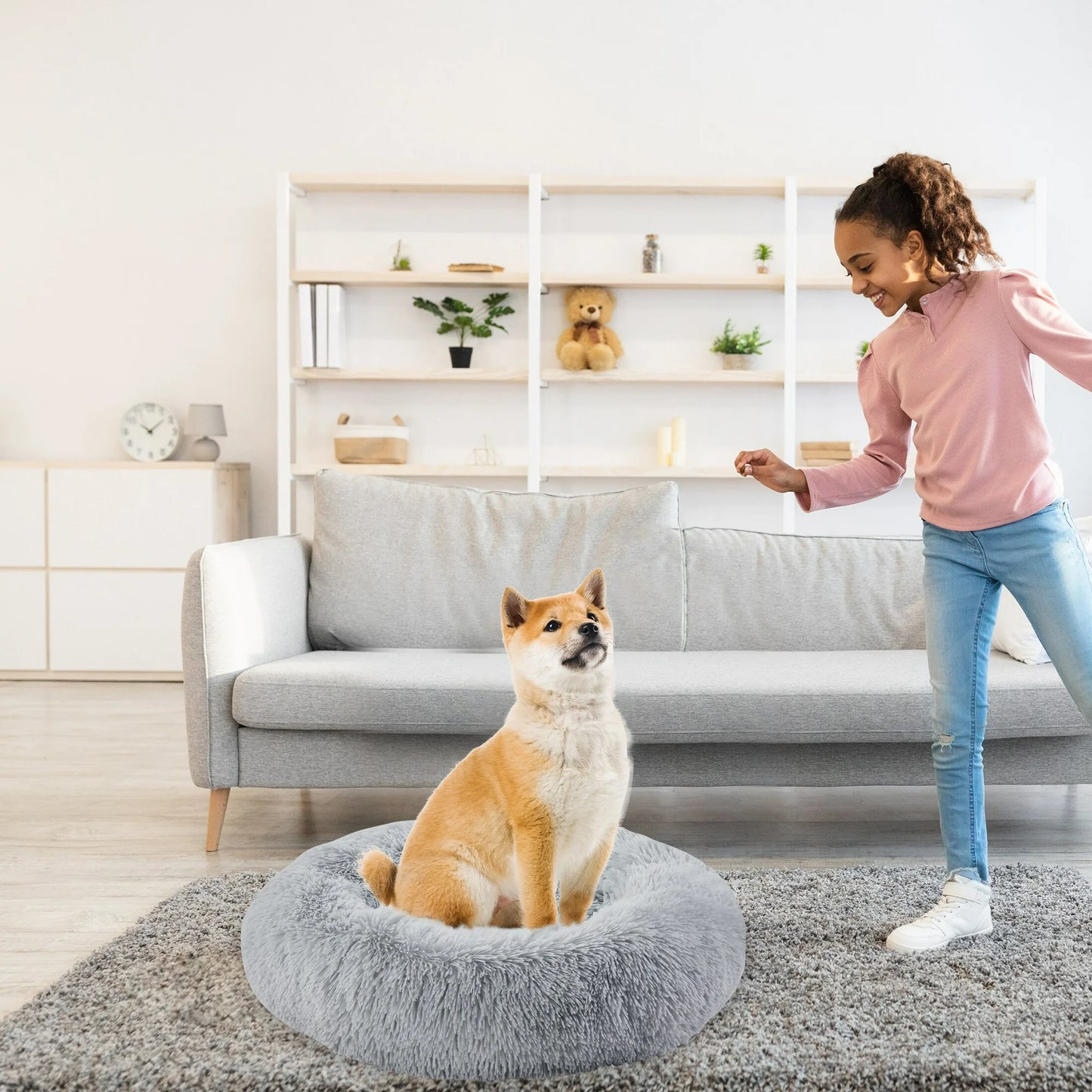Onekawa Round Dog Bed for Small Dogs, Calming Washable Small Pet Bed, 24" Anti-Slip Soft Fluffy Plush Large Cat Bed for Small & Medium Dog