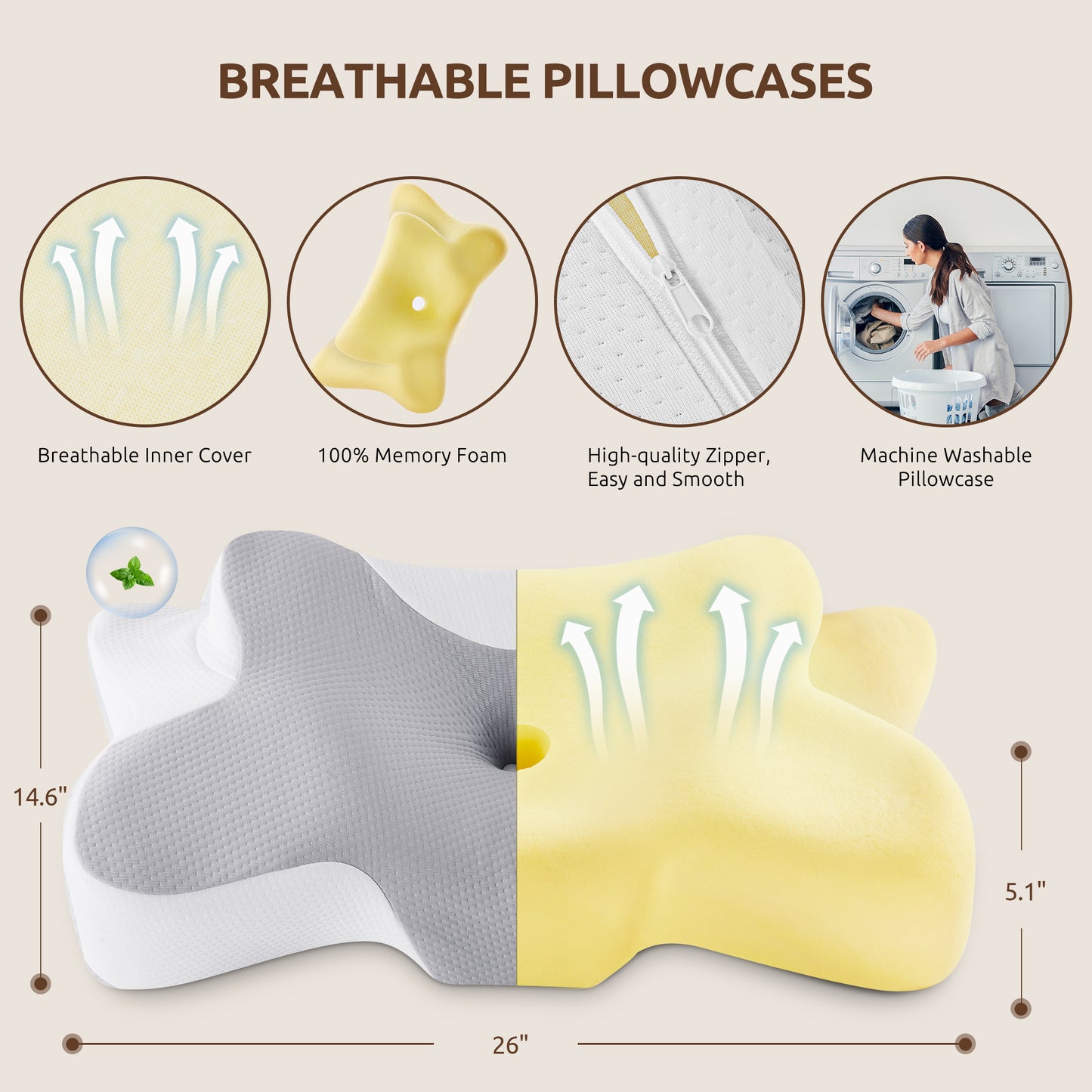 MOONORAH Cervical Pillow, Neck Pain Relief, Ergonomic Neck Support Pillow with Washable Breathable Pillowcase for Side, Back and Prone Sleepers, Queen, Gray, Perfect Gift for Family and Friends.