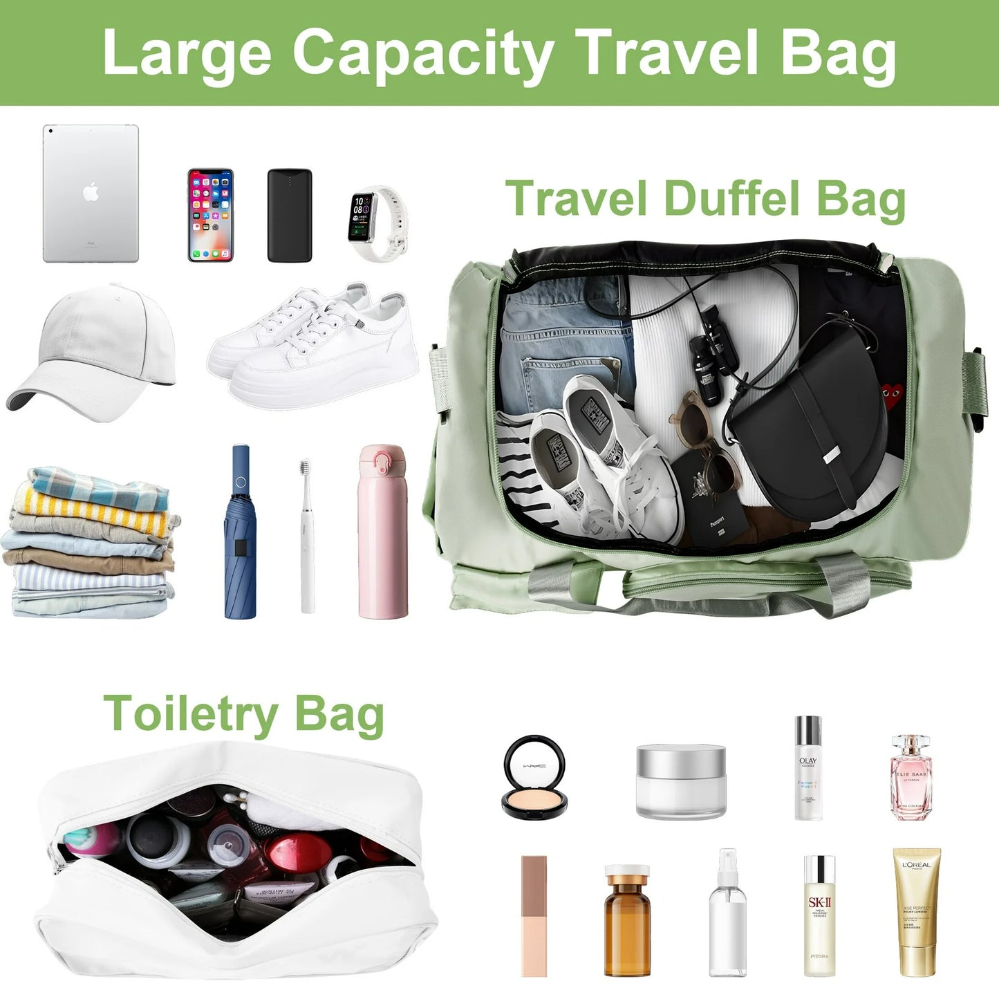 Onekawa Sports Duffel Bag 35L for Men & Women -Travel Duffel Bag , Waterproof Gym Bag with Toiletry Bag, Foldable Travel Backpack for Camping, Yoga, Weekend Trips - Green