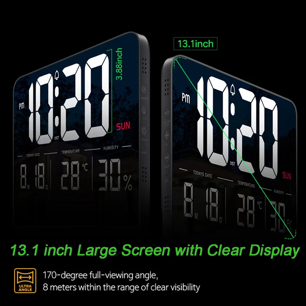 Onekawa 13.1" Digital Wall Clock,Large LED Display,6 Brightness Dimmer Alarm Clock with Temperature,12/24H, DST,Black