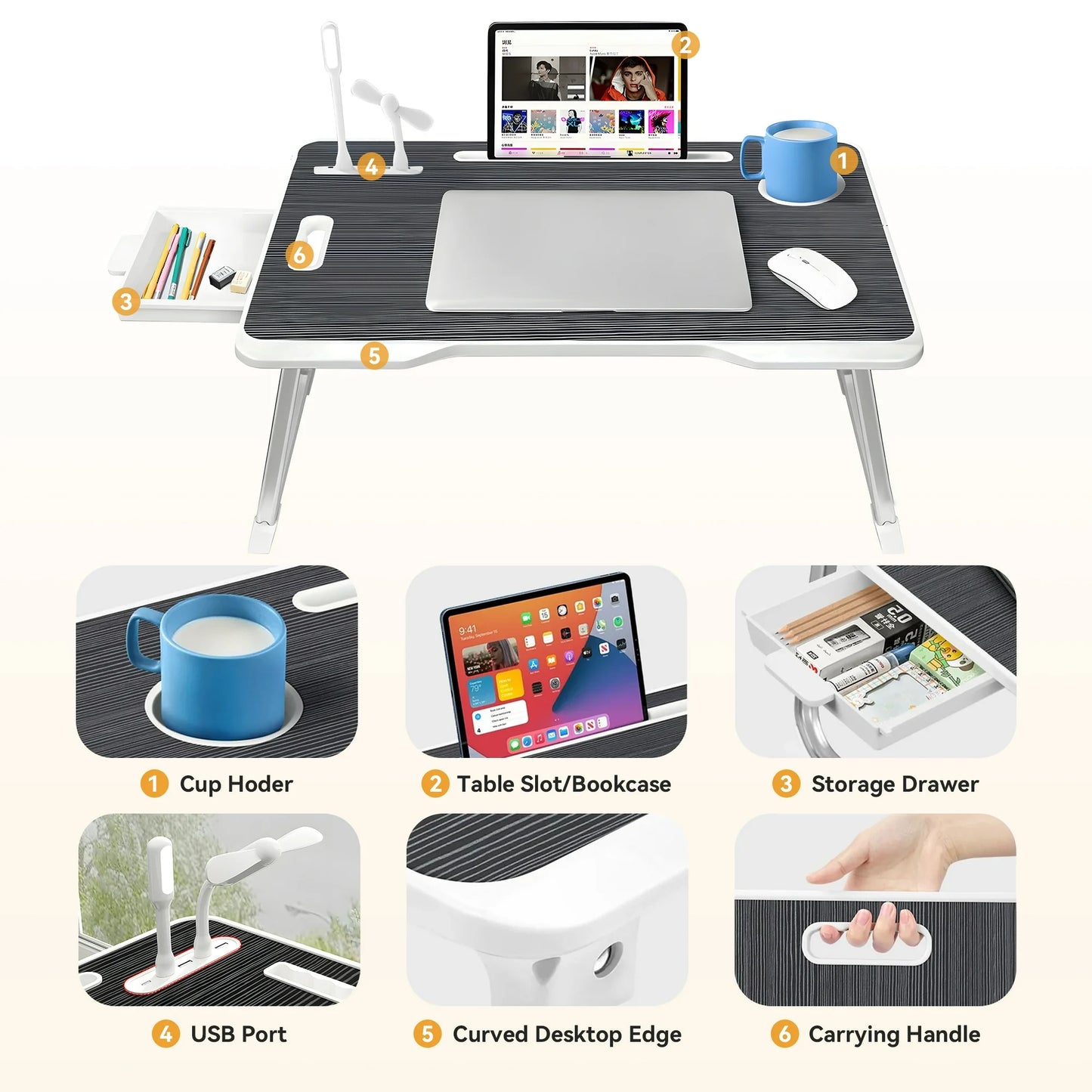 Onekawa Laptop Bed Desk Tray Bed Table, 23.6 Inch Foldable Portable Lap Desk Notebook Stand Reading Holder with Storage Drawer and USB Port for Bed/Couch/Sofa/Floor -Black