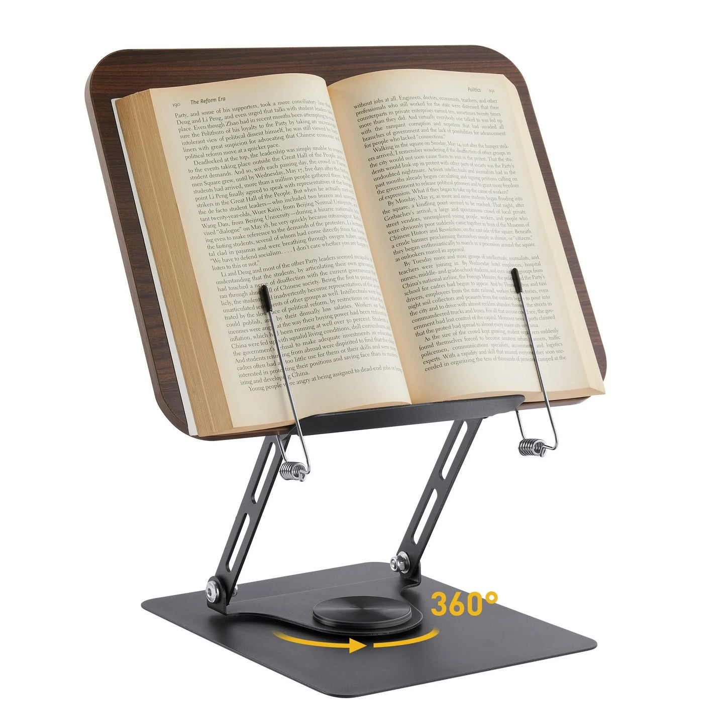 Onekawa Book Stand for Reading,Adjustable Book Holder with 360° Swivel Base & Page Clips,Wooden Panel Aluminium Base,Suitable for Music Scores, Recipe, Tablet, Laptop, Textbook