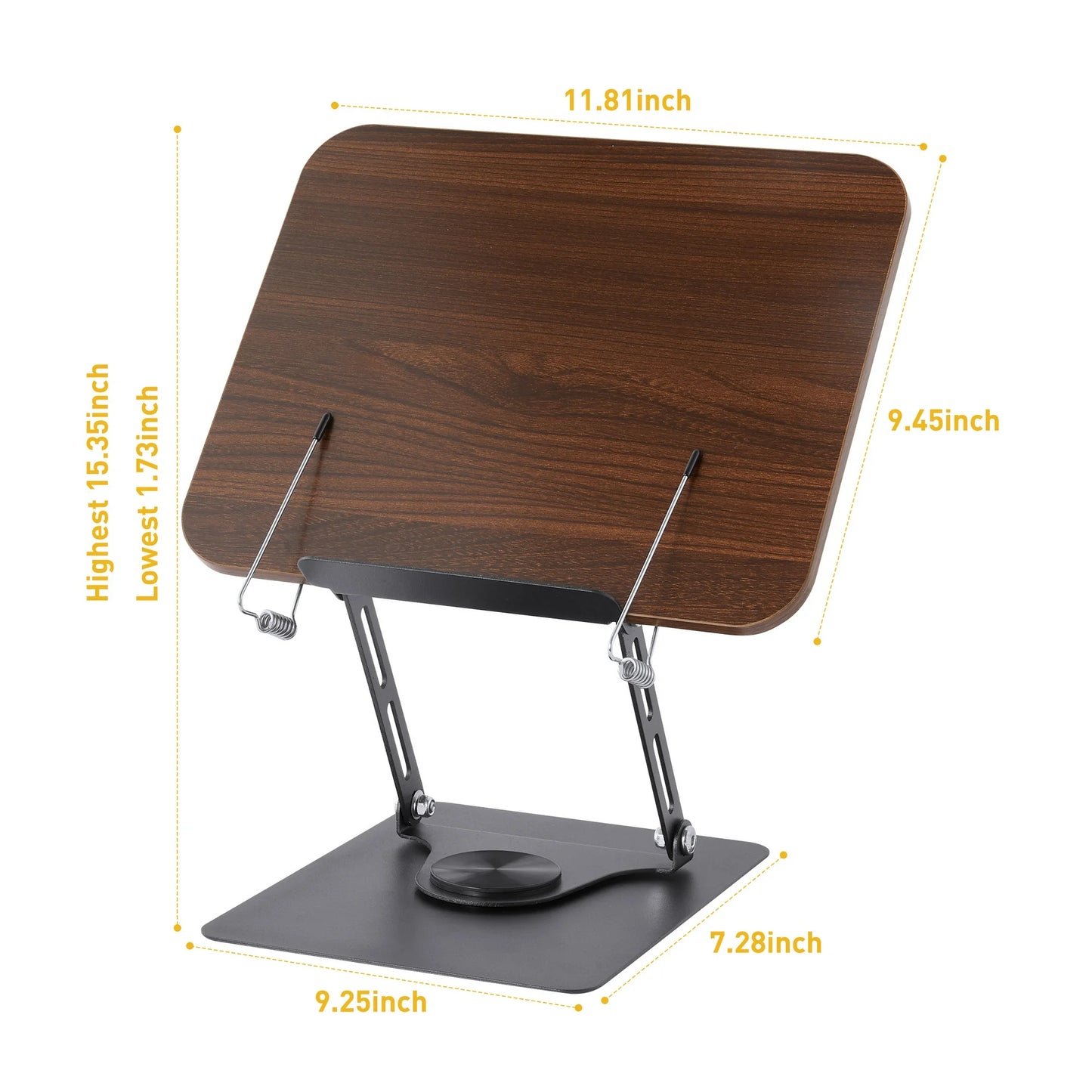 Onekawa Book Stand for Reading,Adjustable Book Holder with 360° Swivel Base & Page Clips,Wooden Panel Aluminium Base,Suitable for Music Scores, Recipe, Tablet, Laptop, Textbook