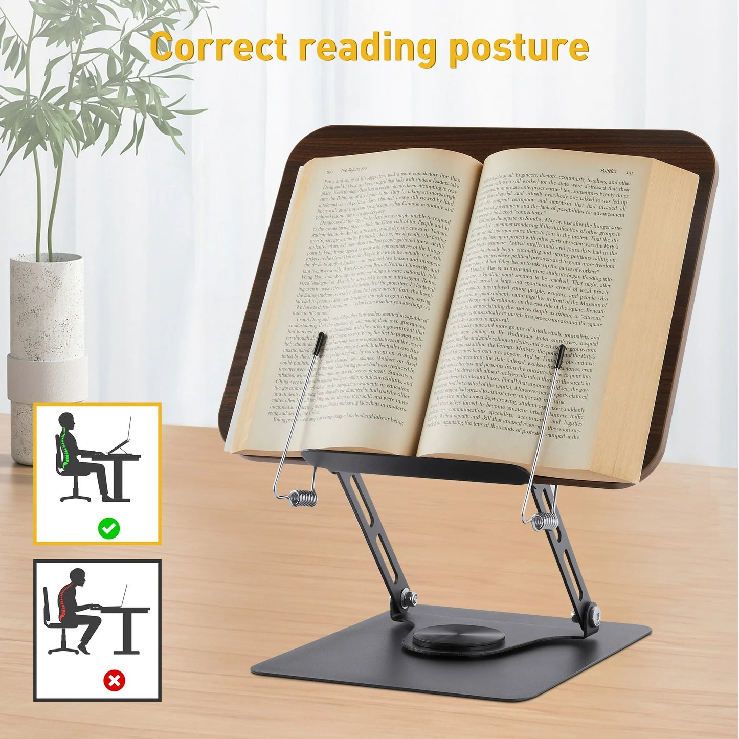 Onekawa Book Stand for Reading,Adjustable Book Holder with 360° Swivel Base & Page Clips,Wooden Panel Aluminium Base,Suitable for Music Scores, Recipe, Tablet, Laptop, Textbook
