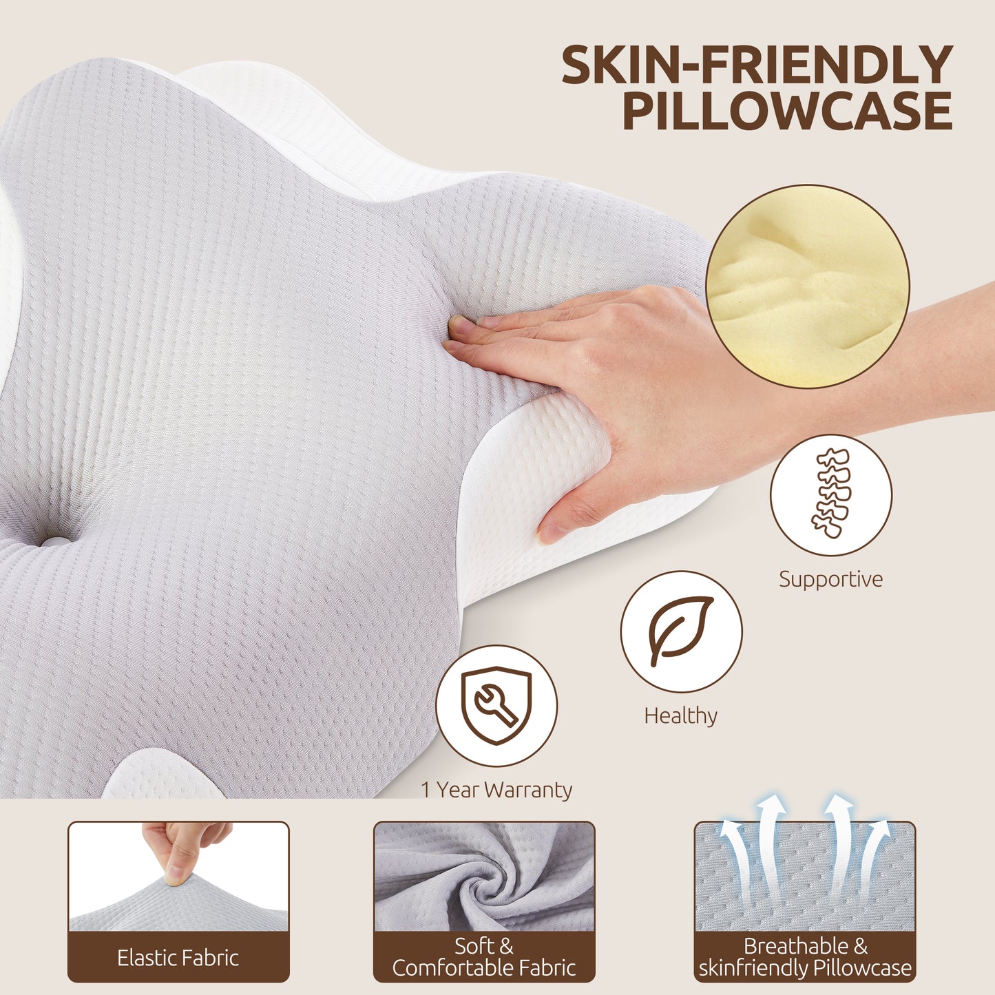 MOONORAH Cervical Pillow, Neck Pain Relief, Ergonomic Neck Support Pillow with Washable Breathable Pillowcase for Side, Back and Prone Sleepers, Queen, Gray, Perfect Gift for Family and Friends.