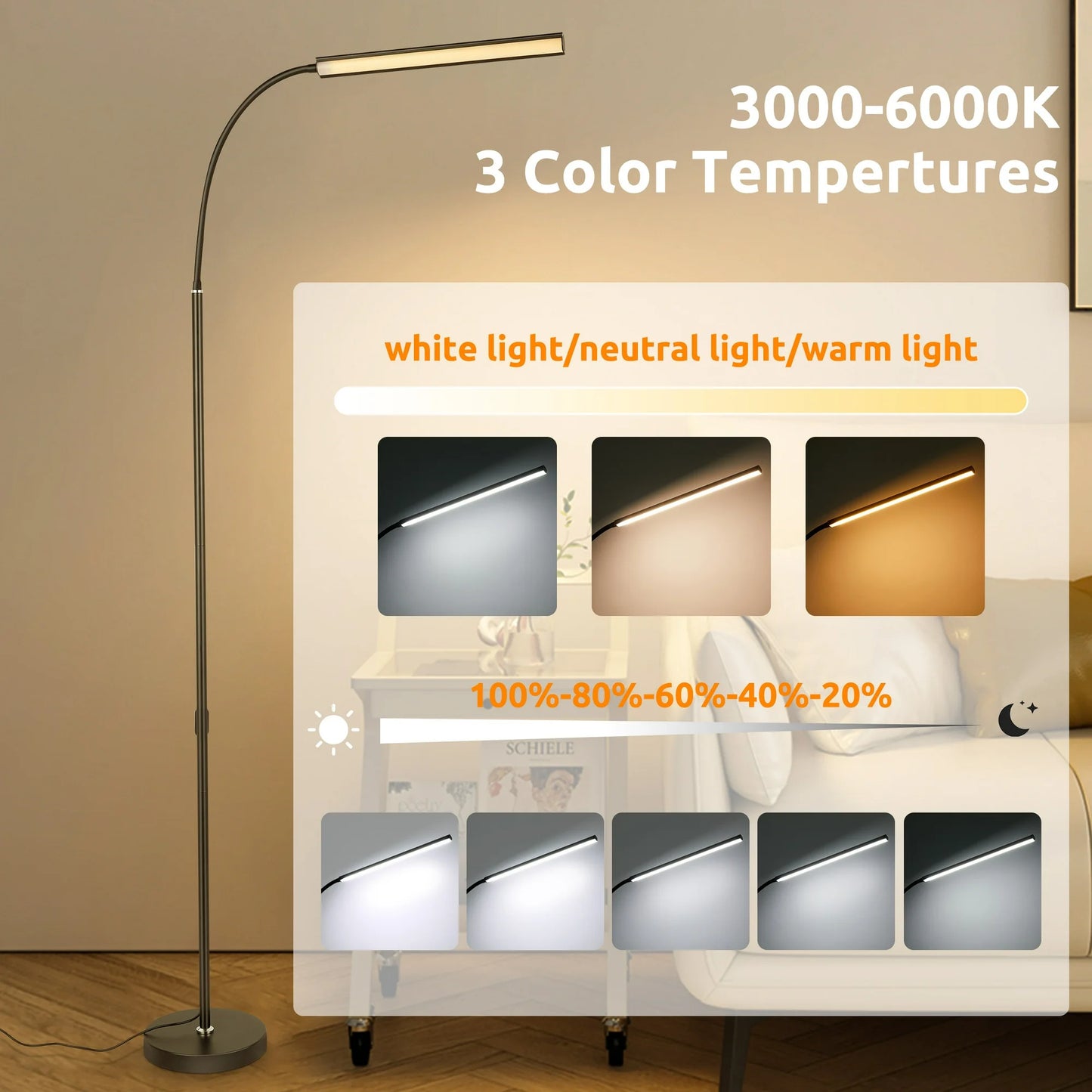 Onekawa Floor Lamps for Living Room,Touchable Floor Lamp,Gooseneck Lamps,3 Color&Flexible Brightness Adjustment