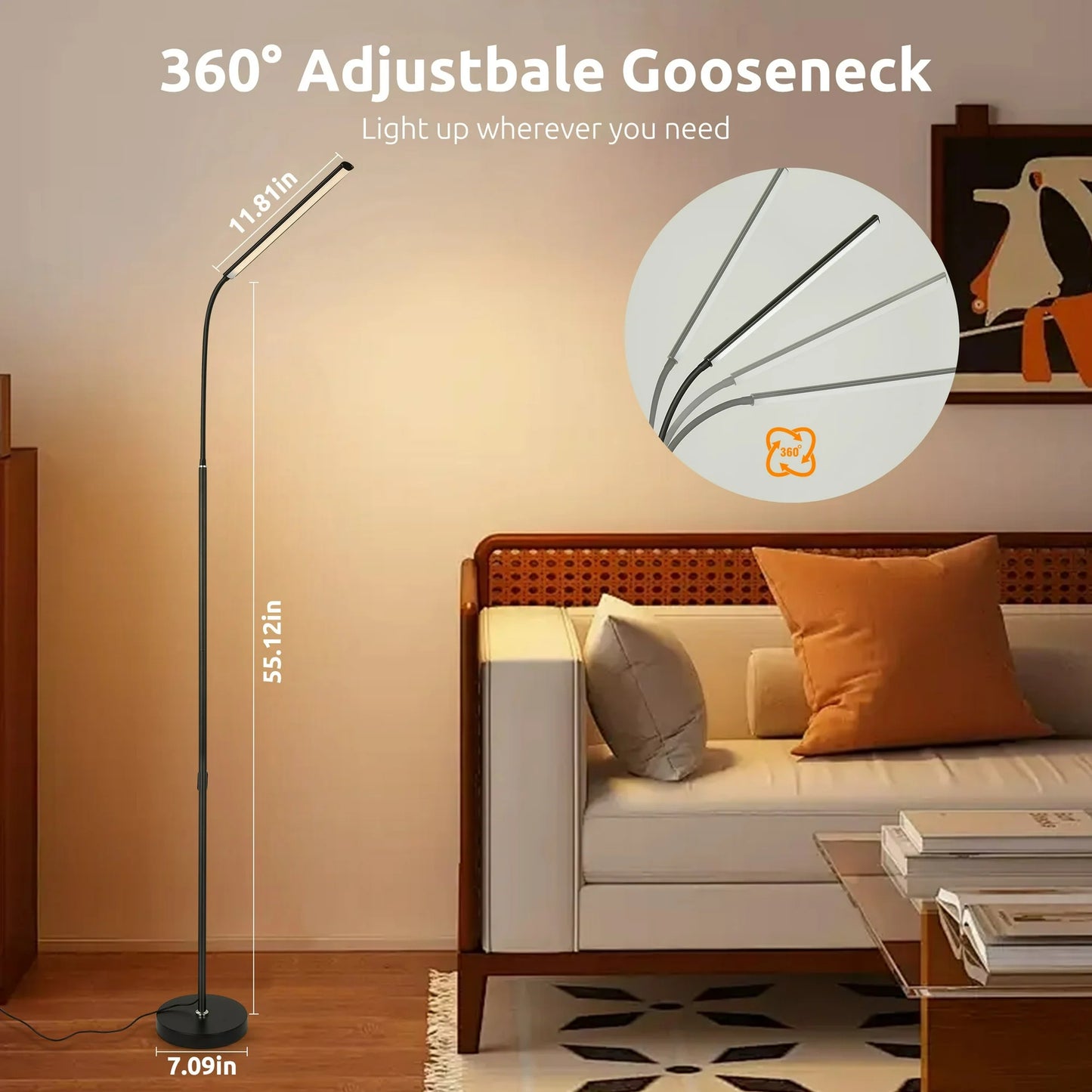 Onekawa Floor Lamps for Living Room,Touchable Floor Lamp,Gooseneck Lamps,3 Color&Flexible Brightness Adjustment