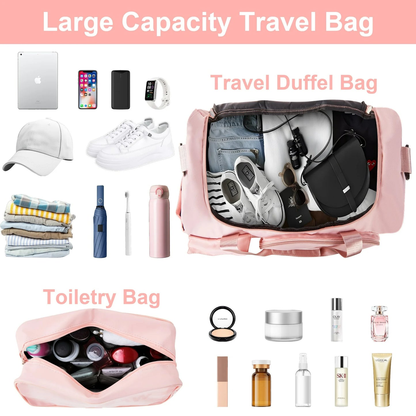 Onekawa Sports Duffel Bag 35L for Men & Women -Travel Duffel Bag , Waterproof Gym Bag with Toiletry Bag, Foldable Travel Backpack for Camping, Yoga, Weekend Trips - Pink