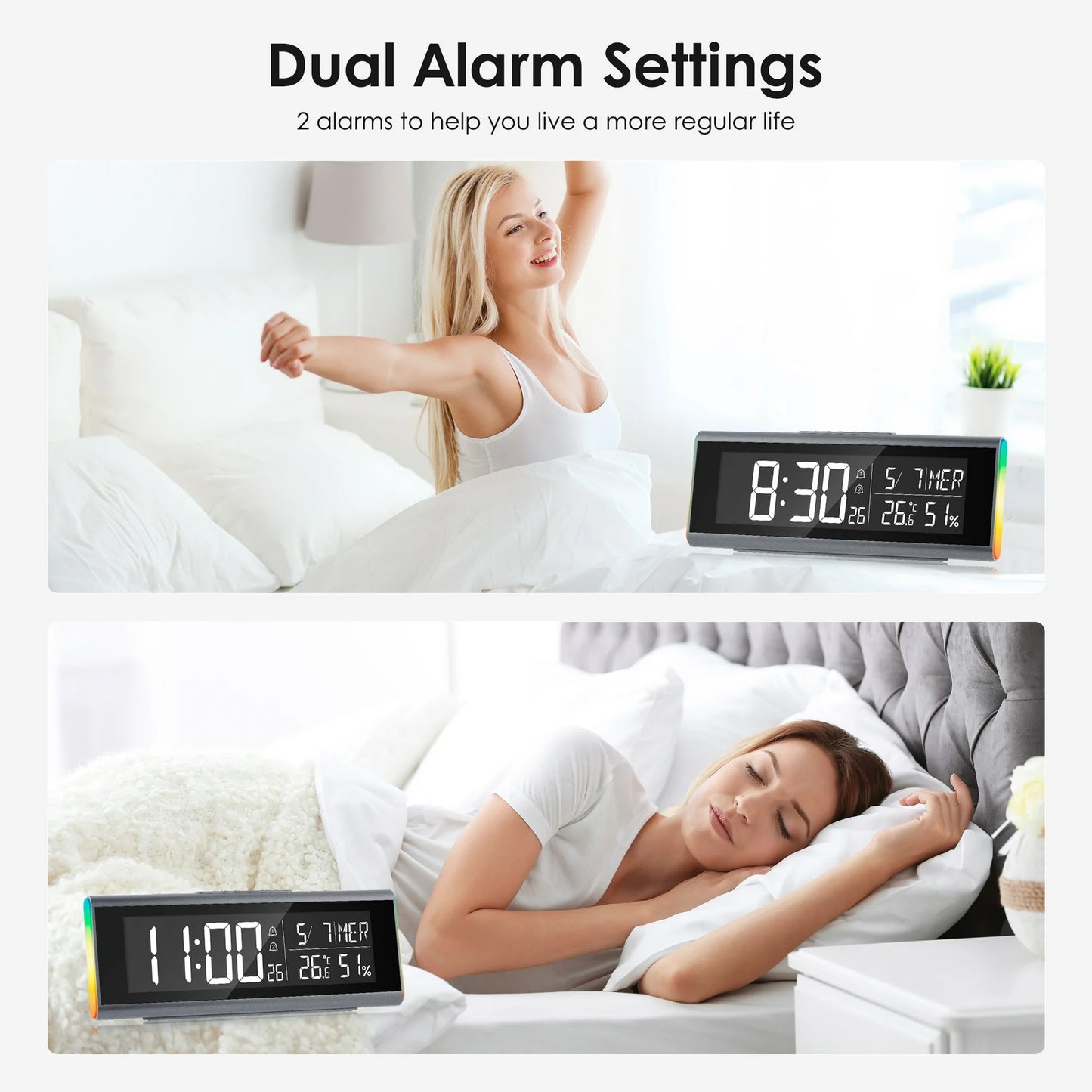 Onekawa 9" Desk Alarm Clock,Colorful LED Digital Clocks,Dimmer Bedside Clock with Adjustable Dual Alarm and Snooze,12/24H, DST for Home, Office, Elderly,Black