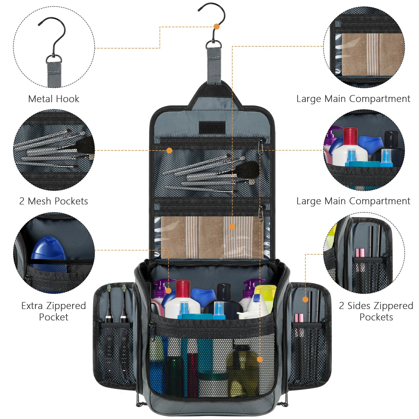 Onekawa Onekawa Toiletry Bag for Women and Men,Hanging Travel Toiletries Organizer ,Travel Makeup Bag,Travel Essentials,Grey