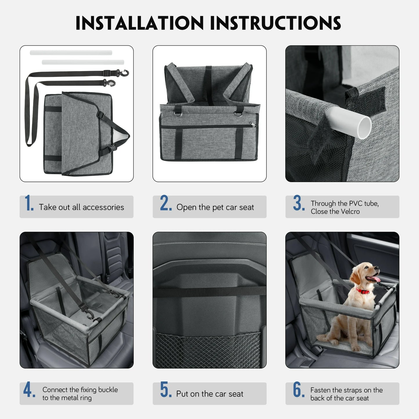 Onekawa Dog Car Seat Waterproof,Breathable Cushion for Pets,with Seat Belt,for Small/ Medium Dog,Grey