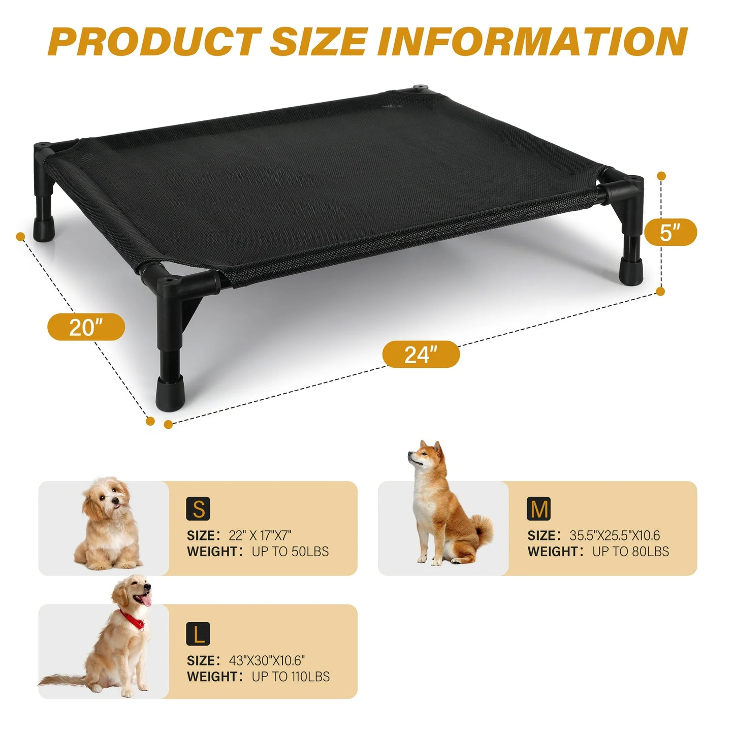 Onekawa Elevated Pet Bed,Portable Raised Pet Cot with Washabl Mesh,Medium 24 X 20 X 5 Inches for Dogs Cats and Small Pets,Black
