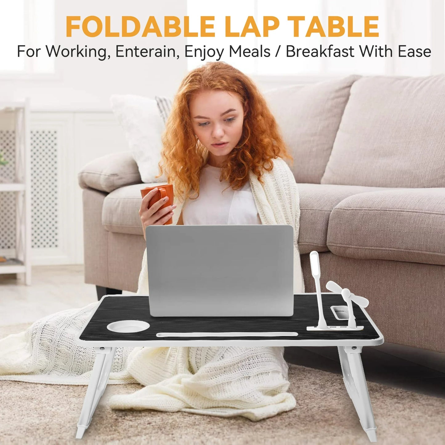 Onekawa Laptop Bed Desk Tray Bed Table, 23.6 Inch Foldable Portable Lap Desk Notebook Stand Reading Holder with Storage Drawer and USB Port for Bed/Couch/Sofa/Floor -Black