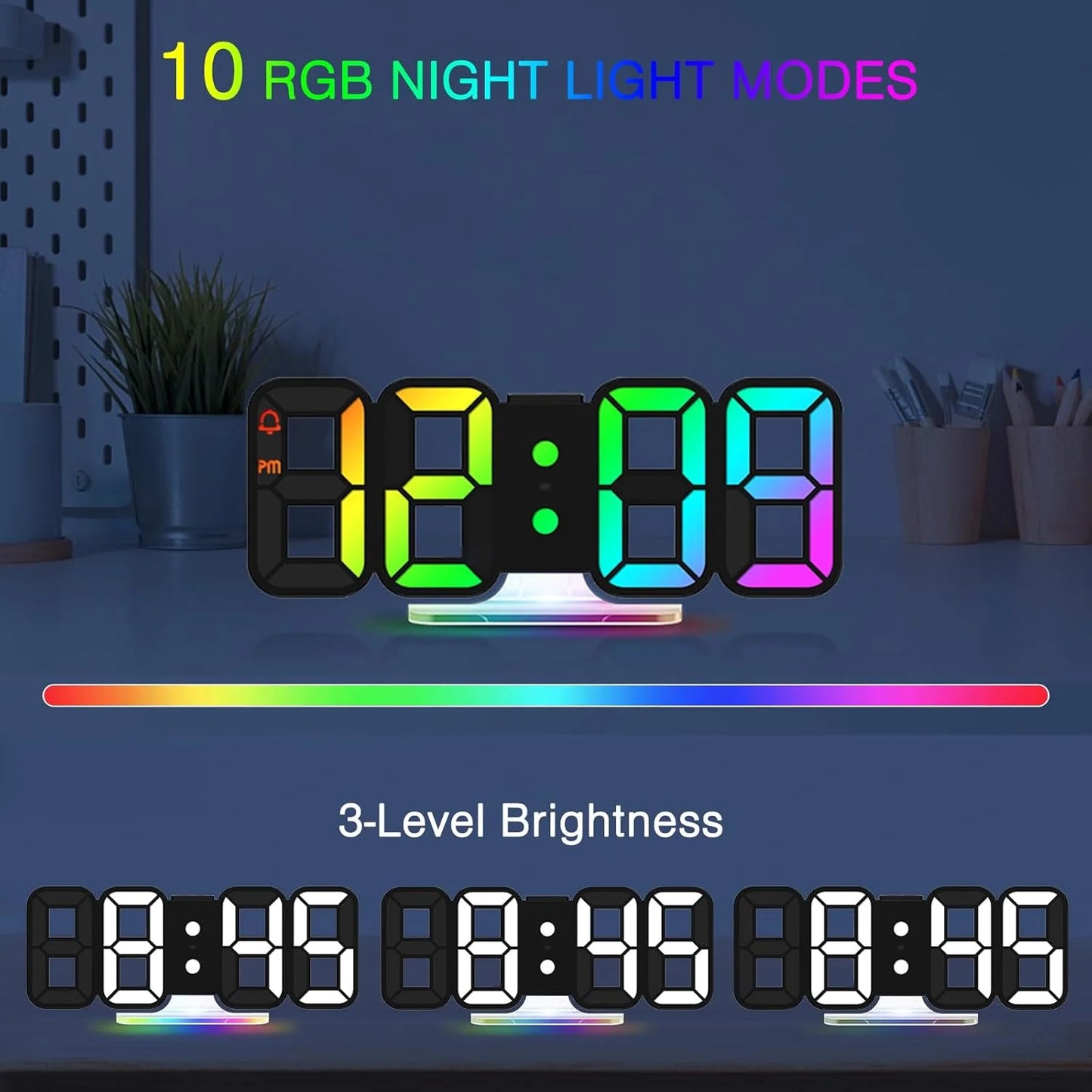 Onekawa Alarm Clock with Remote Control, 9 Inch LED Alarm Clock - Dimmable, Adjustable Brightness, Snooze, Silent Mode, USB Powered, Easy to Read, Modern Digital Clock for Bedroom, Living Room, Offic