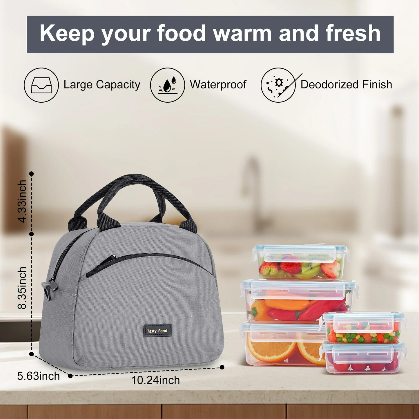 Onekawa Lunch Bag, Insulated Lunch Box for Women,Reusable Tote Lunch Box,Cooler Lunch Container for Work, Travel, Outdoor,Grey
