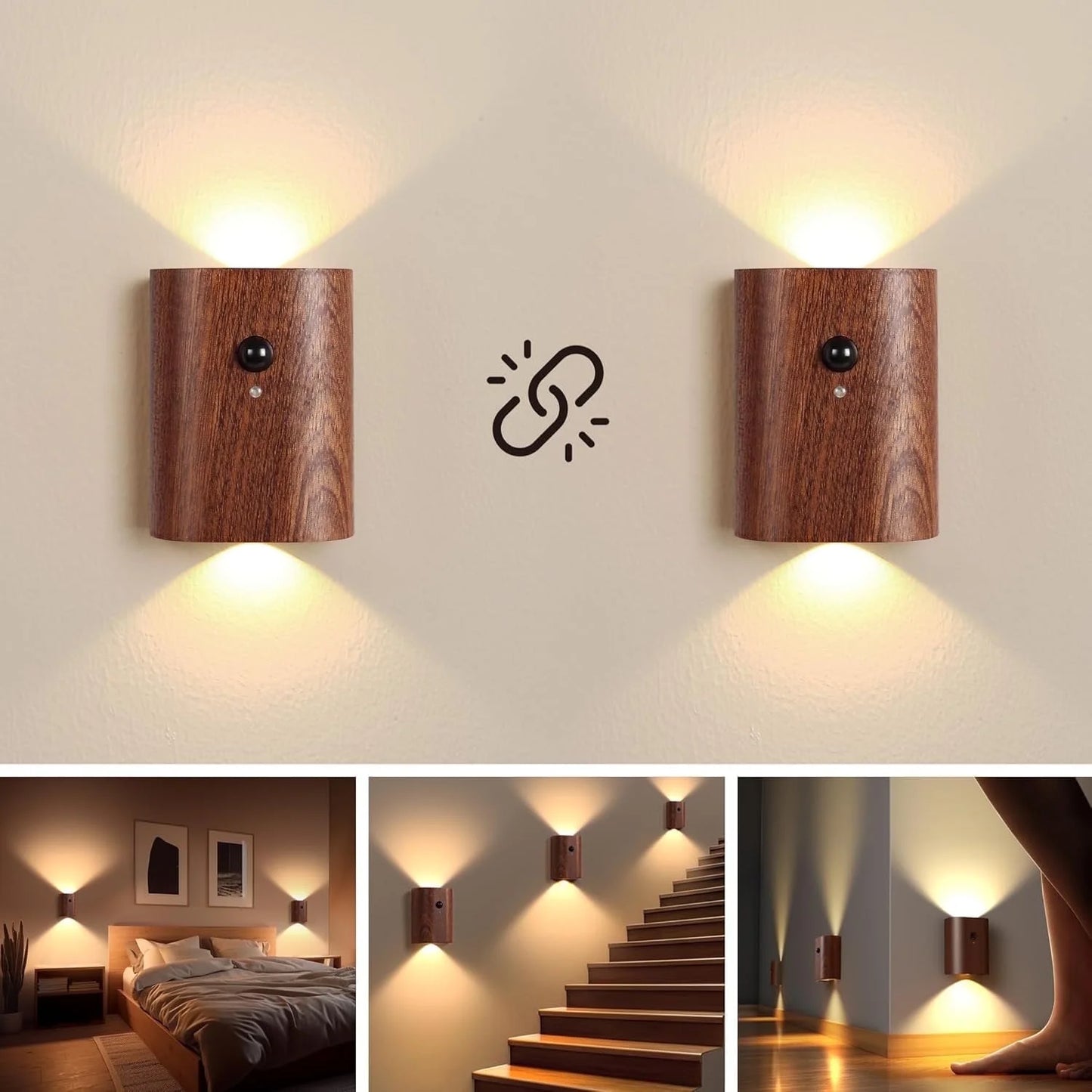 Onekawa LED Wall Mounted Light, Rechargeable 500mAh Lithium Battery Wall Lamp, Battery Operated Wall Sconce, Magnetic Wall Light for Stairs, Corridors, Bedrooms, Living Rooms (Sapele Wood 2pcs)