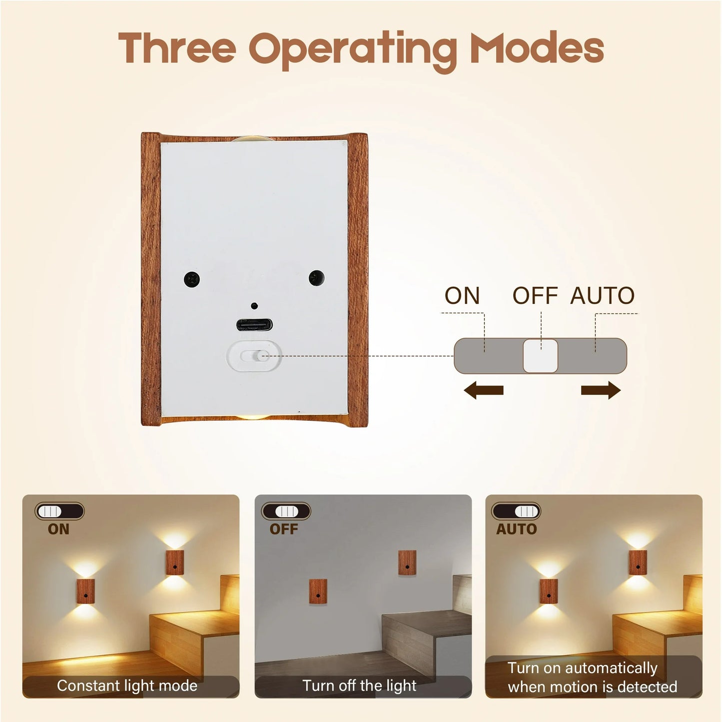 Onekawa LED Wall Mounted Light, Rechargeable 500mAh Lithium Battery Wall Lamp, Battery Operated Wall Sconce, Magnetic Wall Light for Stairs, Corridors, Bedrooms, Living Rooms (Sapele Wood 2pcs)