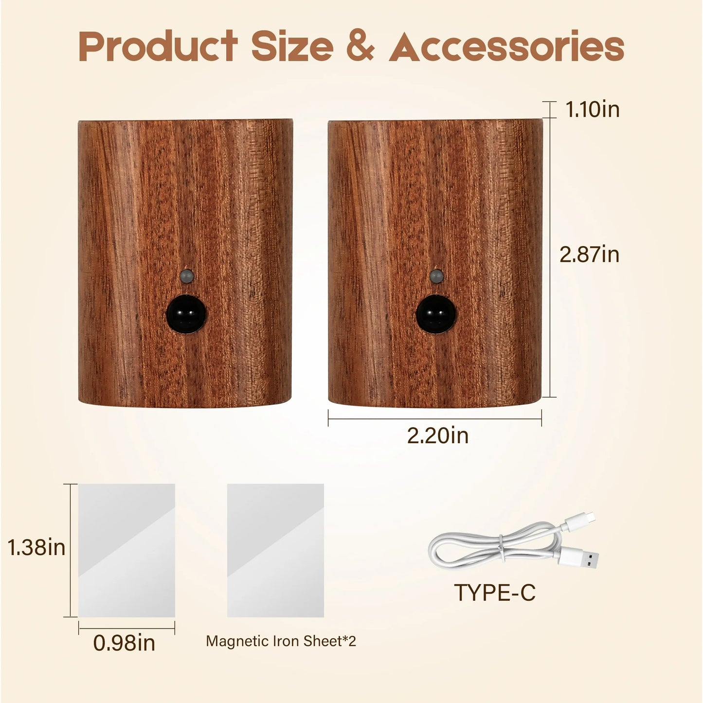 Onekawa LED Wall Mounted Light, Rechargeable 500mAh Lithium Battery Wall Lamp, Battery Operated Wall Sconce, Magnetic Wall Light for Stairs, Corridors, Bedrooms, Living Rooms (Sapele Wood 2pcs)