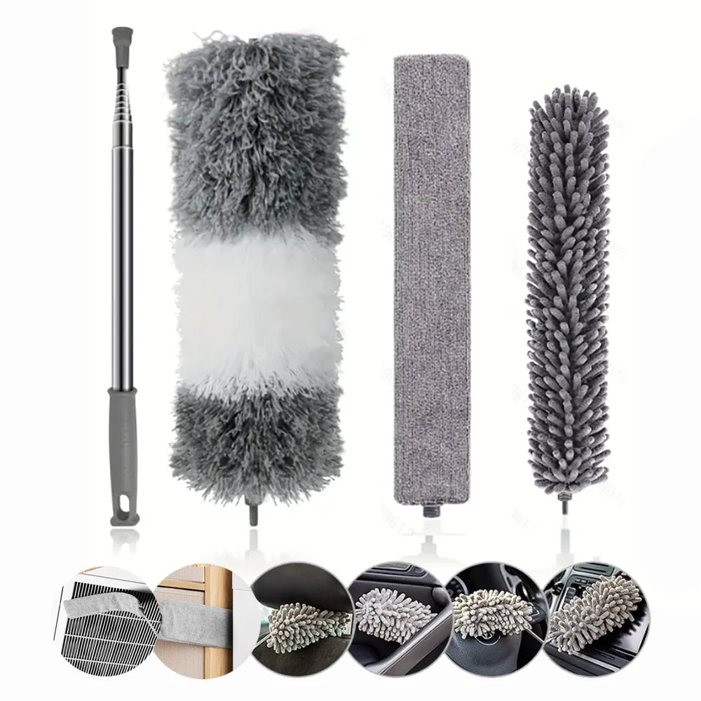 Onekawa Microfiber Dusters, 4pcs Bendable Duster Set, 100" Telescopic Extension Pole Duster Kit for Furniture & Cars,Grey