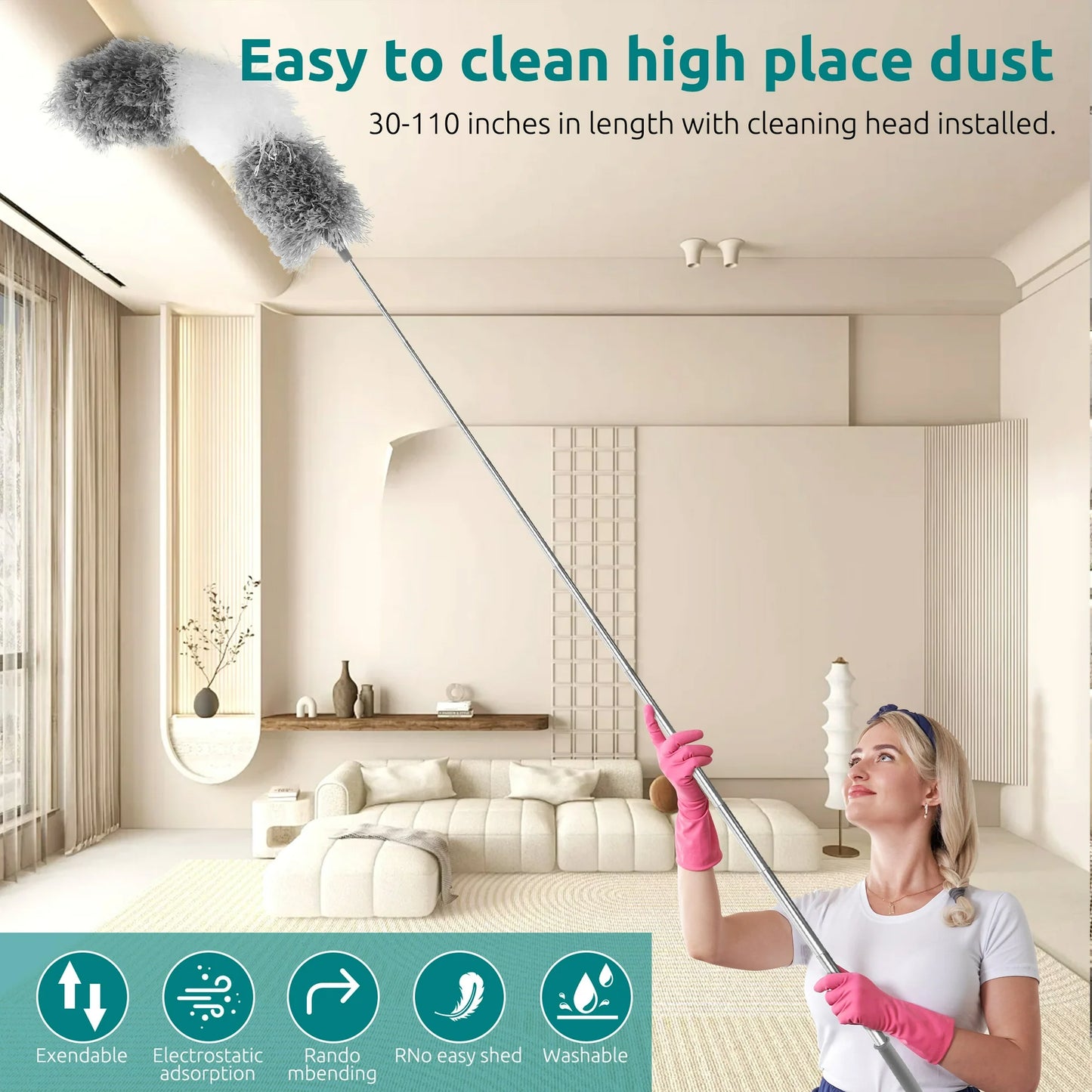 Onekawa Microfiber Dusters, 4pcs Bendable Duster Set, 100" Telescopic Extension Pole Duster Kit for Furniture & Cars,Grey