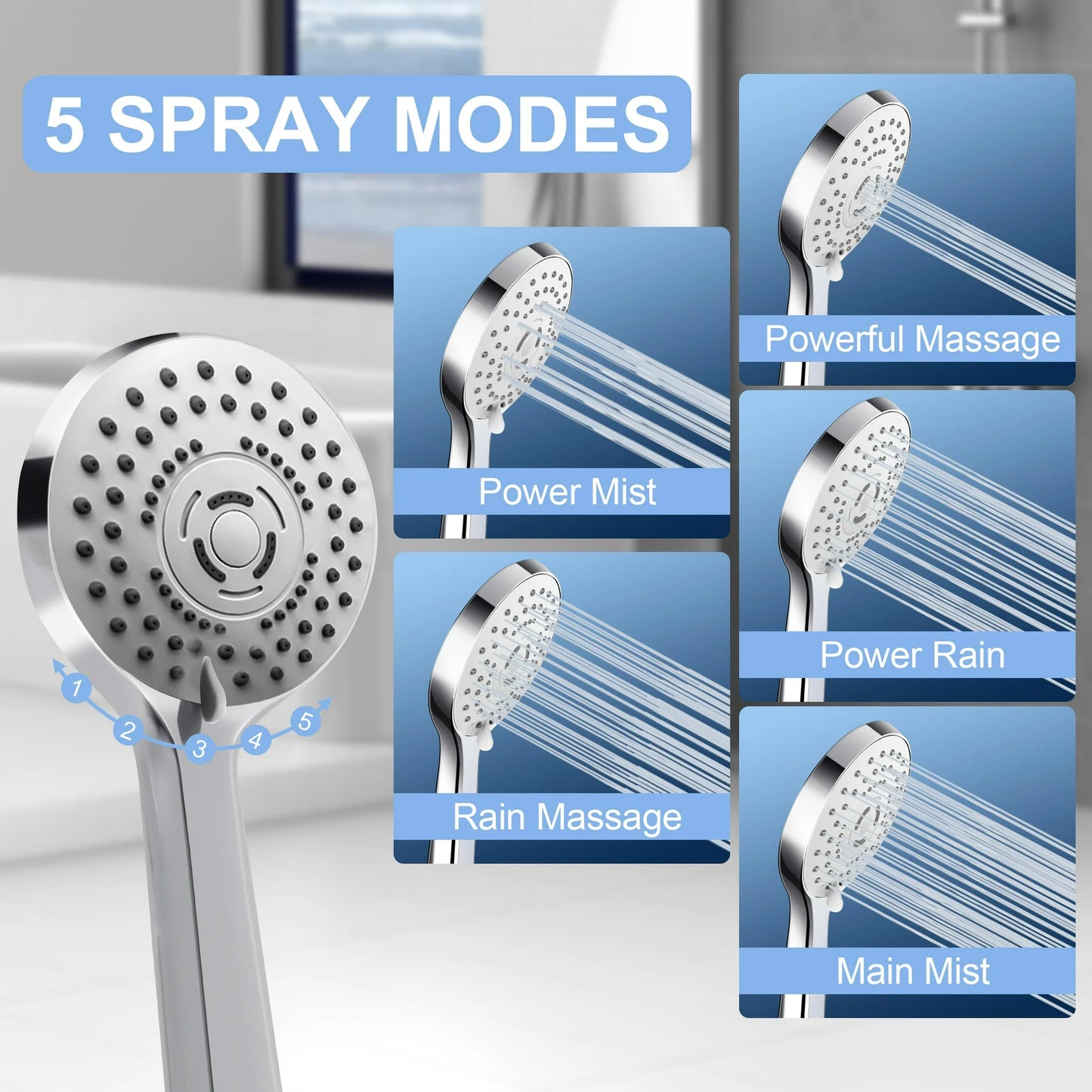 Onekawa Shower Head Combo,8 Inch Rain Shower Head with 5 Settings Handheld ,Hose & Holder,Adjustable Extension Arm,Silver