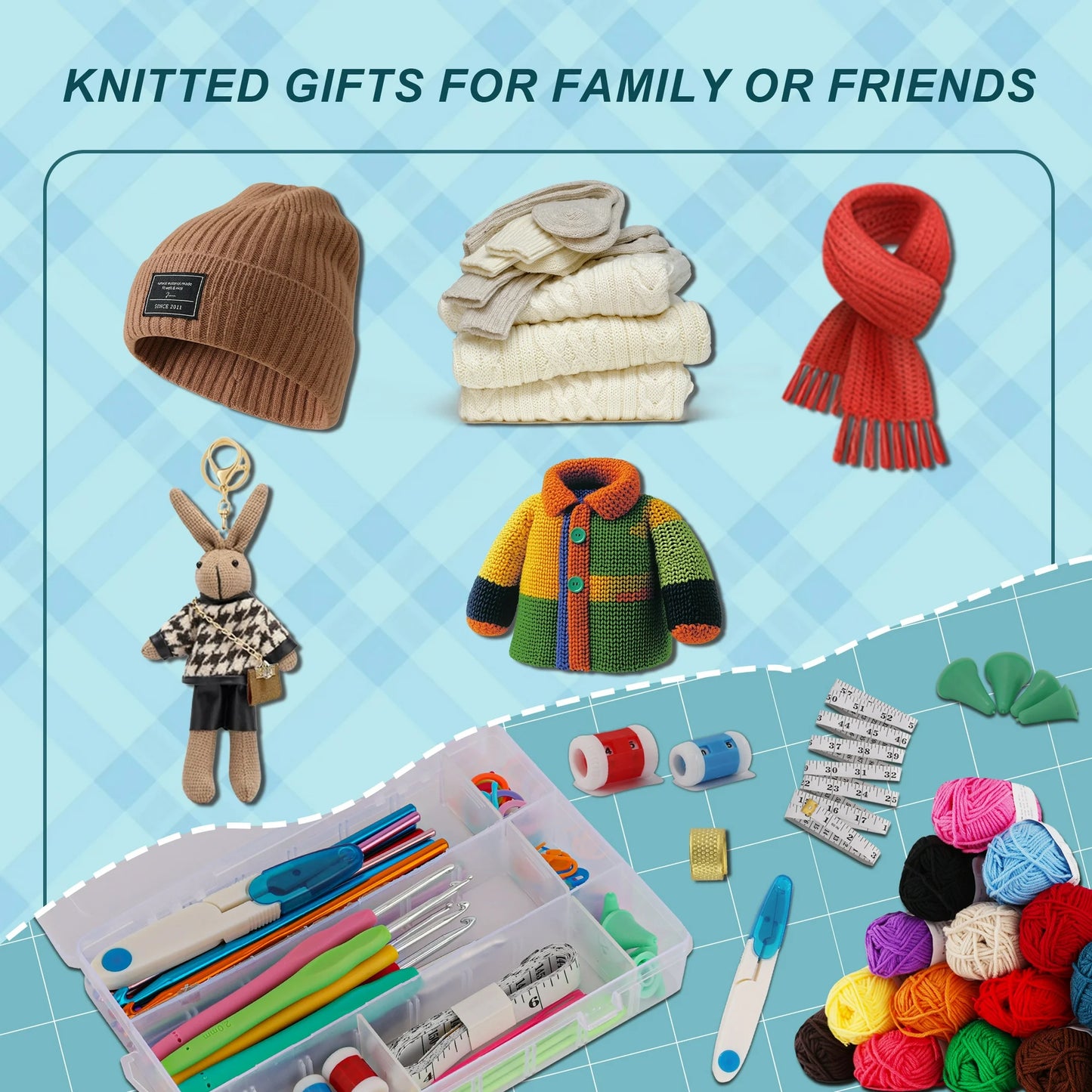 Onekawa 73 PCS Crochet Kit for Beginners - Complete 27 Crochet Starter Kit with Ergonomic Hooks, Yarn Set, Knitting Needles, Storage Bag, Stitch Markers - Ideal DIY Yarn Craft Gift for Adults & Kids