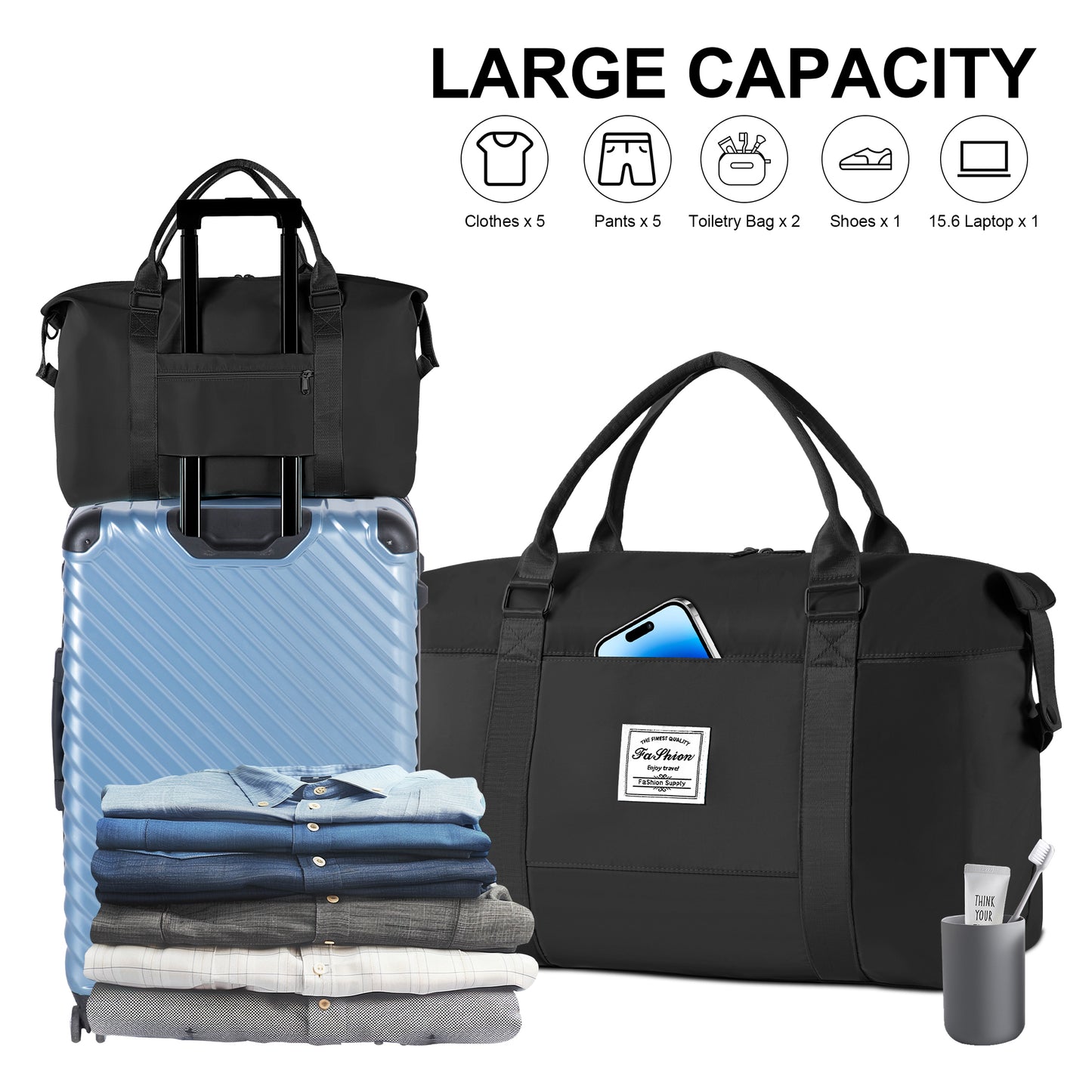 WANALIT Duffel Bag for Women & Men Weekender Overnight Gym Bag with Wet-Dry Compartment Carry-On Travel Essentials, Toiletry Organizer & Trolley Sleeve-Black