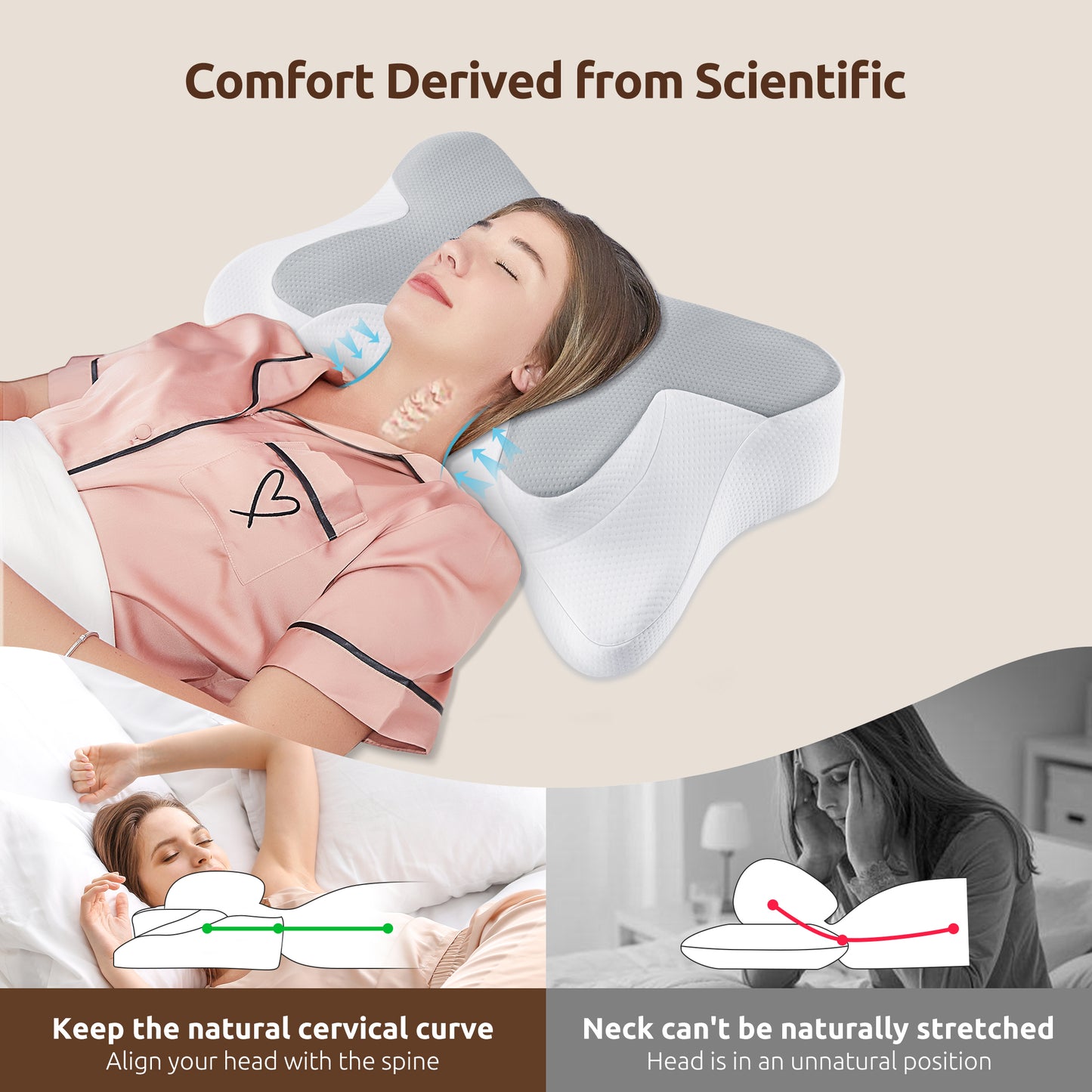 MOONORAH Cervical Pillow, Neck Pain Relief, Ergonomic Neck Support Pillow with Washable Breathable Pillowcase for Side, Back and Prone Sleepers, Queen, Gray, Perfect Gift for Family and Friends.