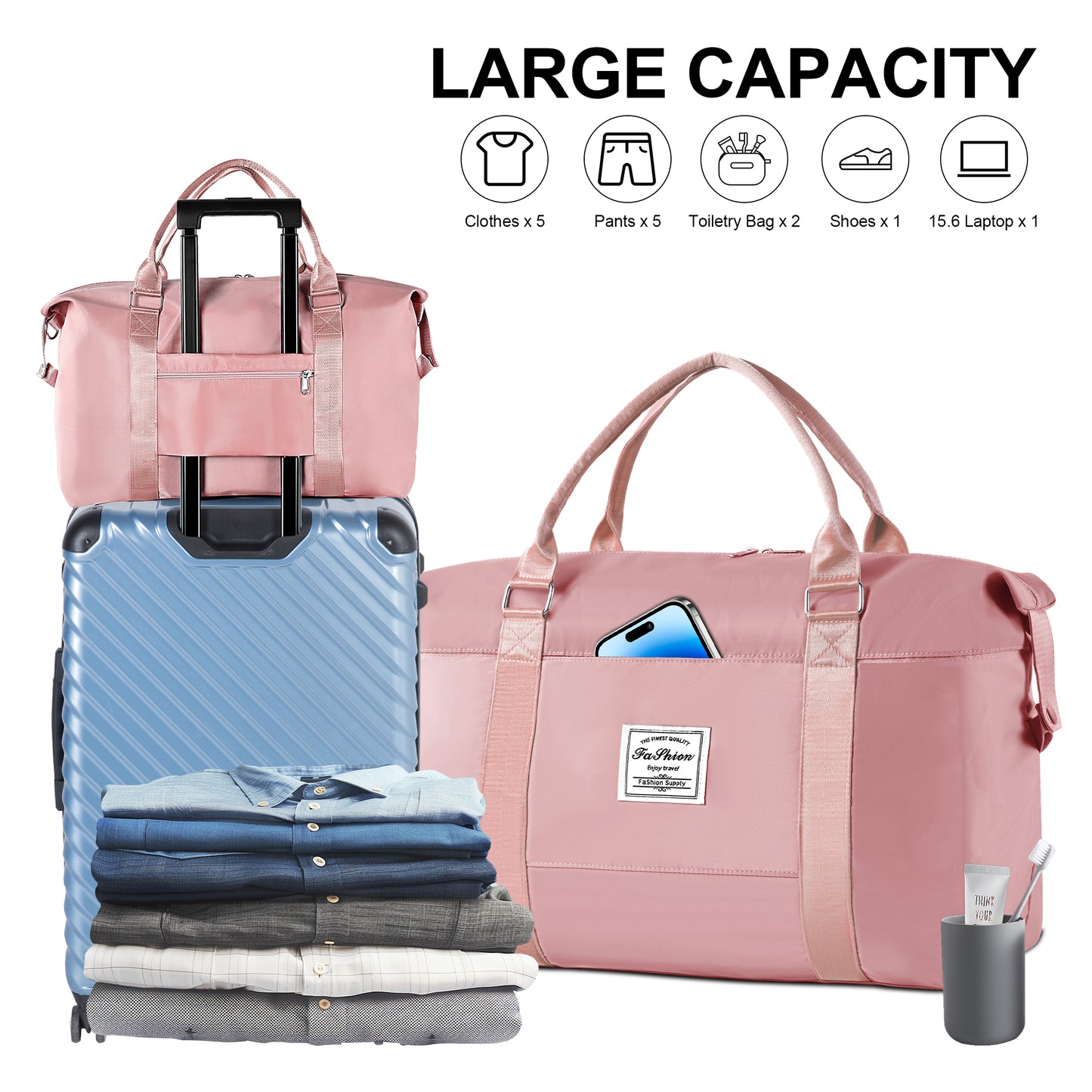 WANALIT Duffel Bag for Women & Men Weekender Overnight Gym Bag with Wet-Dry Compartment Carry-On Travel Essentials, Toiletry Organizer & Trolley Sleeve-Pink