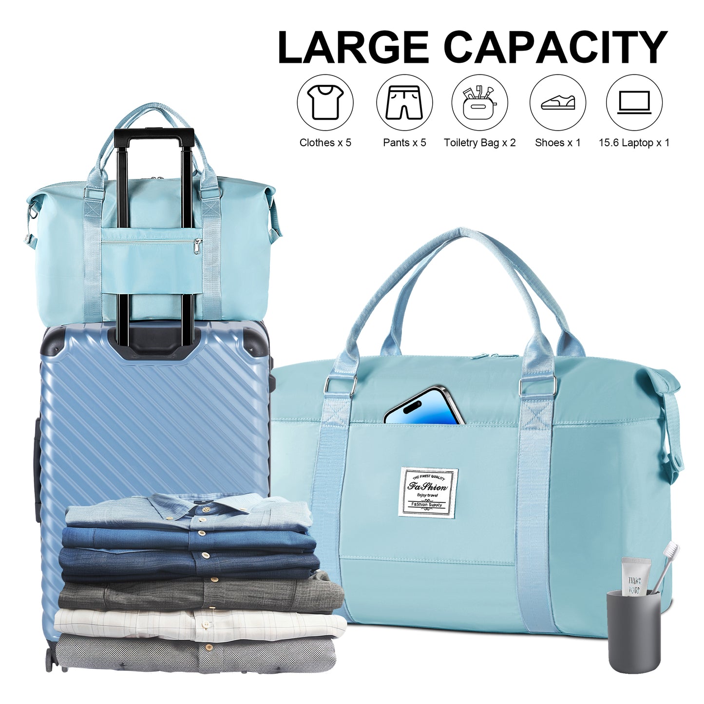 WANALIT Duffel Bag for Women & Men Weekender Overnight Gym Bag with Wet-Dry Compartment Carry-On Travel Essentials, Toiletry Organizer & Trolley Sleeve-Blue