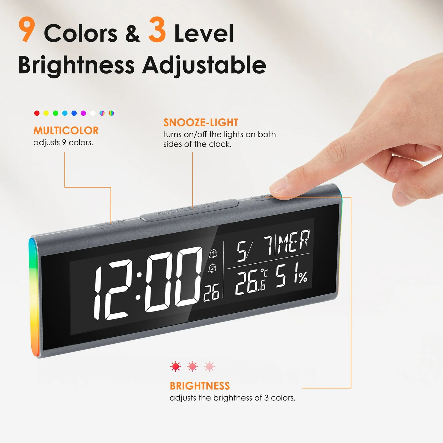 Onekawa 9" Desk Alarm Clock,Colorful LED Digital Clocks,Dimmer Bedside Clock with Adjustable Dual Alarm and Snooze,12/24H, DST for Home, Office, Elderly,Black