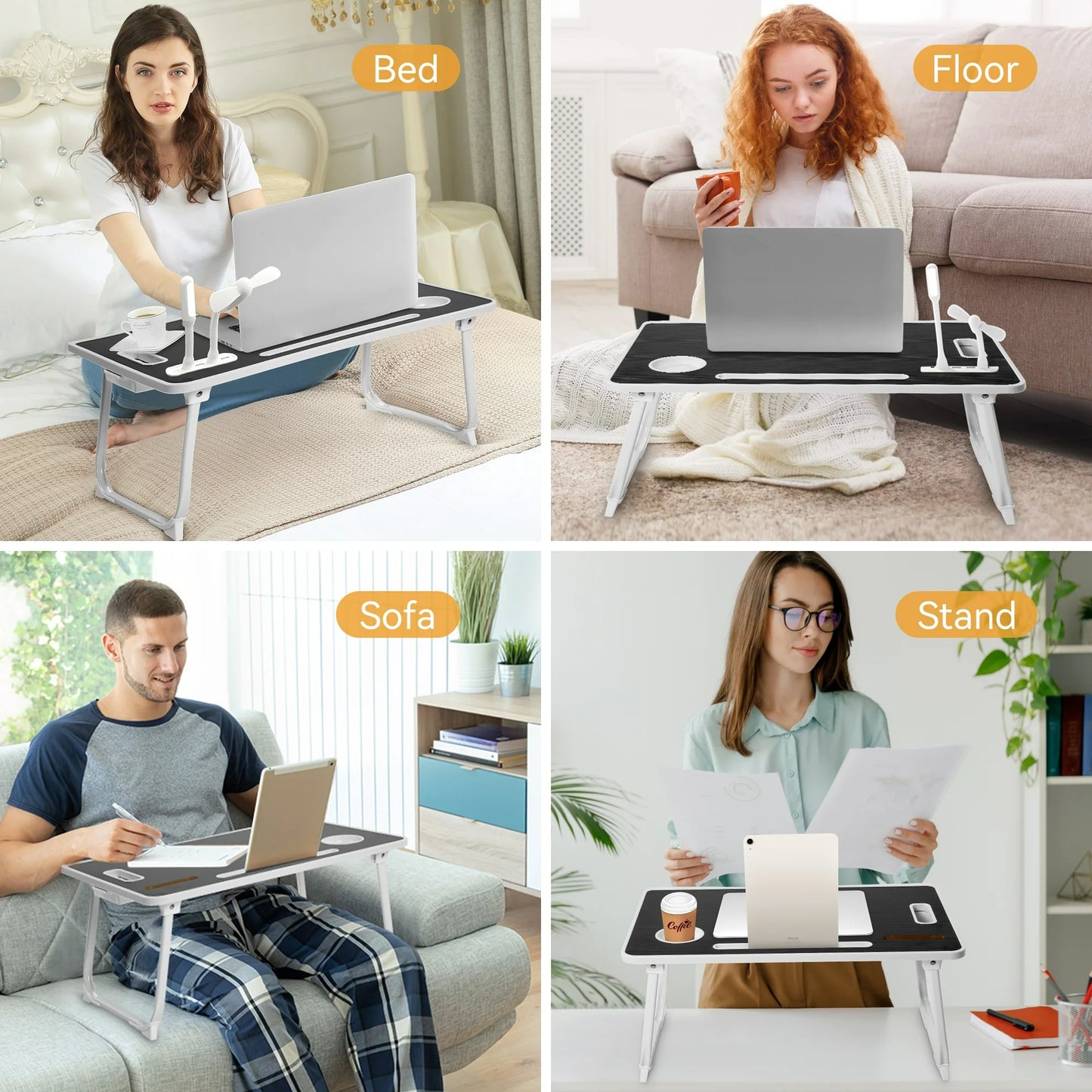 Onekawa Laptop Bed Desk Tray Bed Table, 23.6 Inch Foldable Portable Lap Desk Notebook Stand Reading Holder with Storage Drawer and USB Port for Bed/Couch/Sofa/Floor -Black