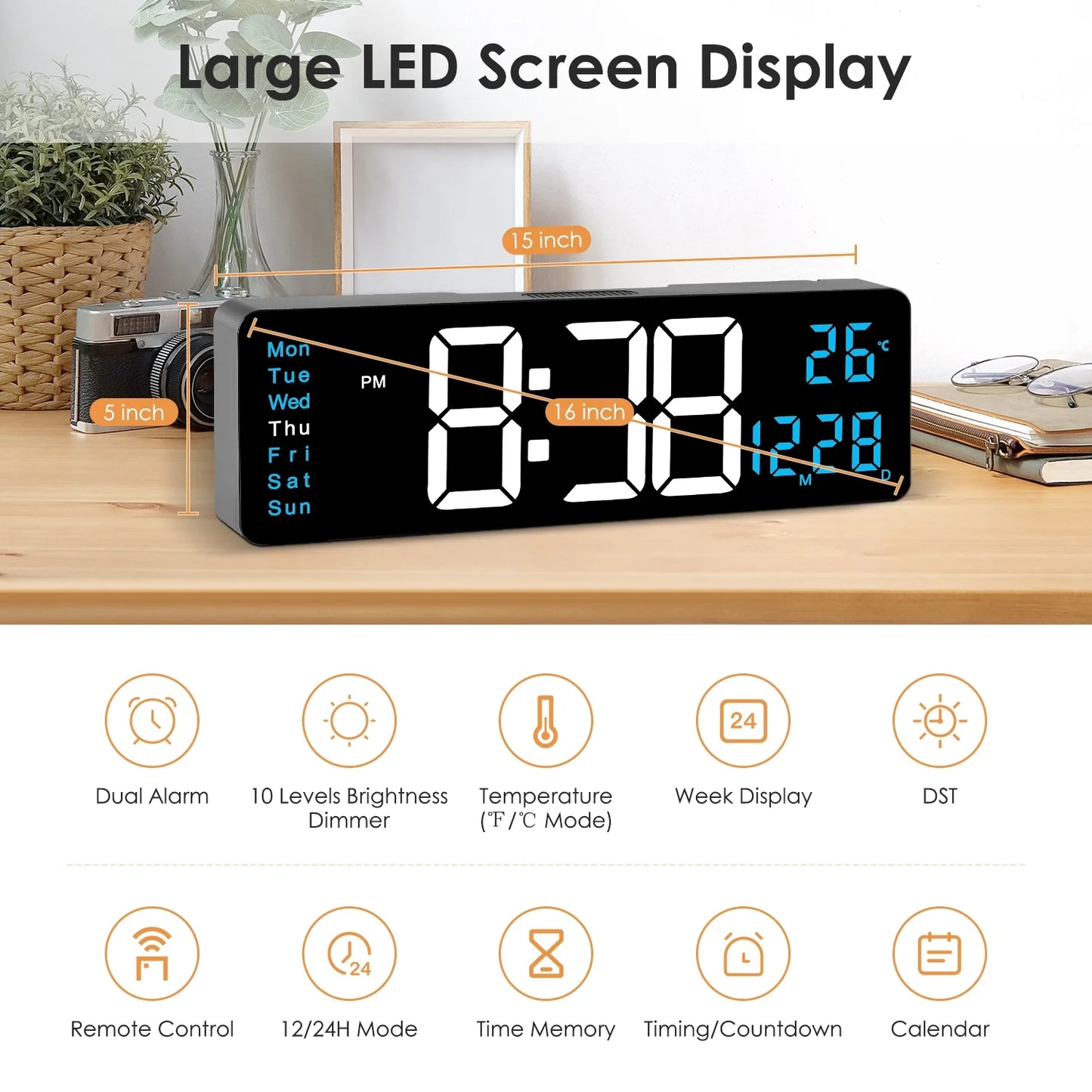 Onekawa 16" Digital Wall Clock,Dimmer Dual Alarm Clocks for Bedroom,8 Colors Large LED Display with Remote Control,12/24H,Black