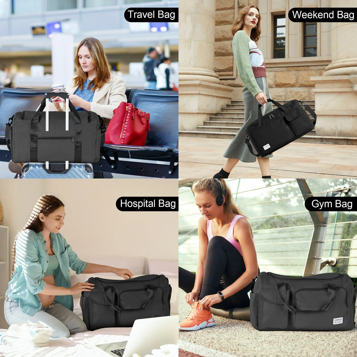 Onekawa Sports Duffel Bag 35L for Men & Women -Travel Duffel Bag , Waterproof Gym Bag with Toiletry Bag, Foldable Travel Backpack for Camping, Yoga, Weekend Trips - Black