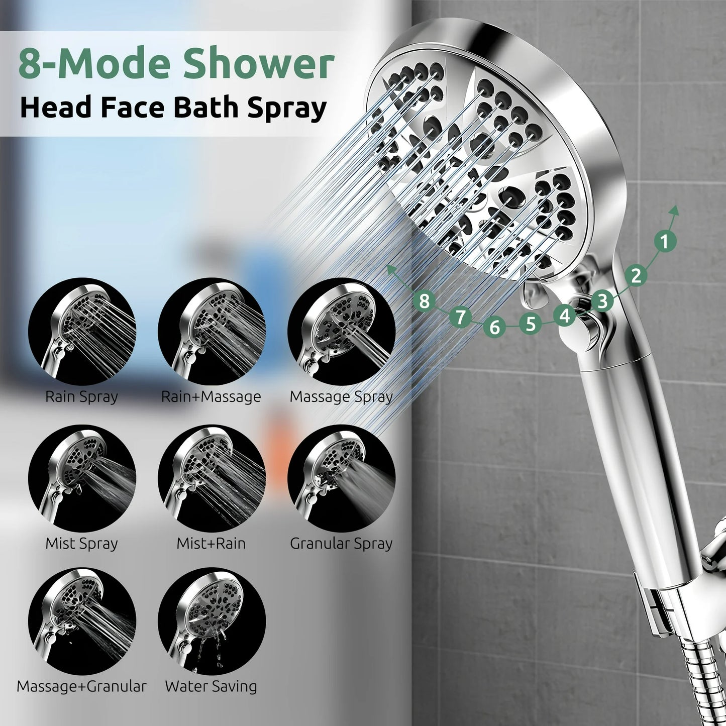 Onekawa Handheld Shower Head, High Pressure Shower Heads with Hose,Filtered Showerhead with Water Stop Button, 10 Spray Modes,Silver