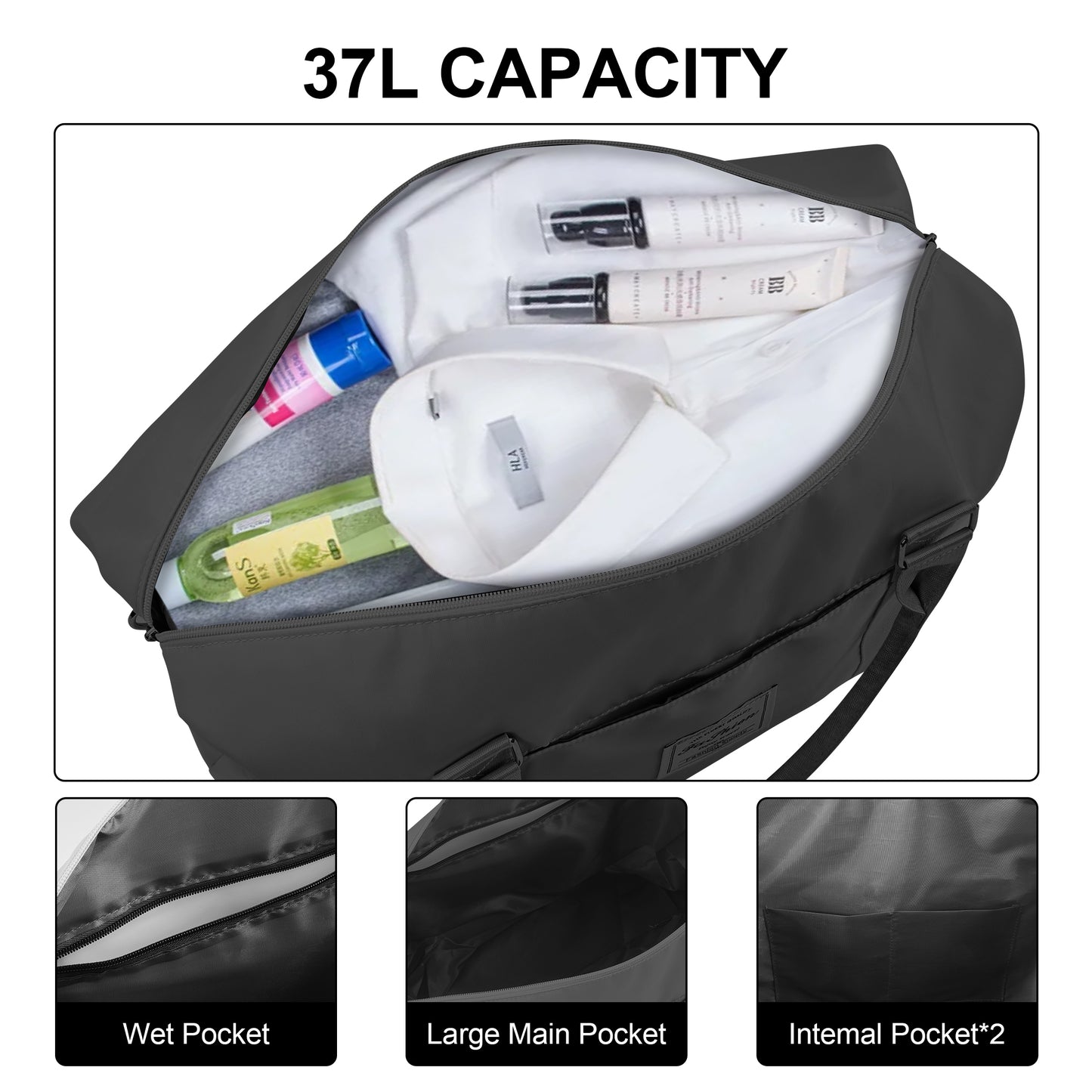 WANALIT Duffel Bag for Women & Men Weekender Overnight Gym Bag with Wet-Dry Compartment Carry-On Travel Essentials, Toiletry Organizer & Trolley Sleeve-Black