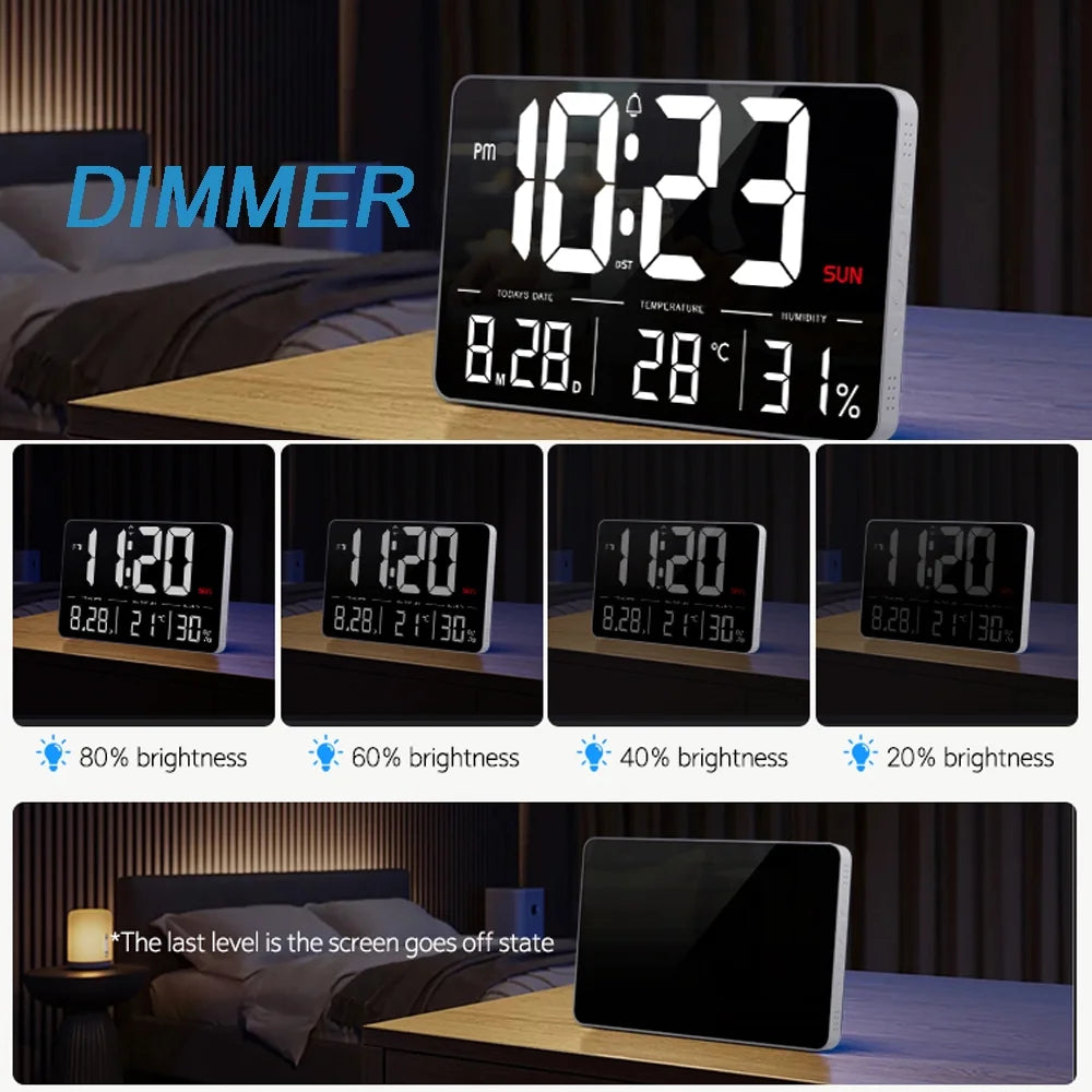 Onekawa 13.1" Digital Wall Clock,Large LED Display,6 Brightness Dimmer Alarm Clock with Temperature,12/24H, DST,Black