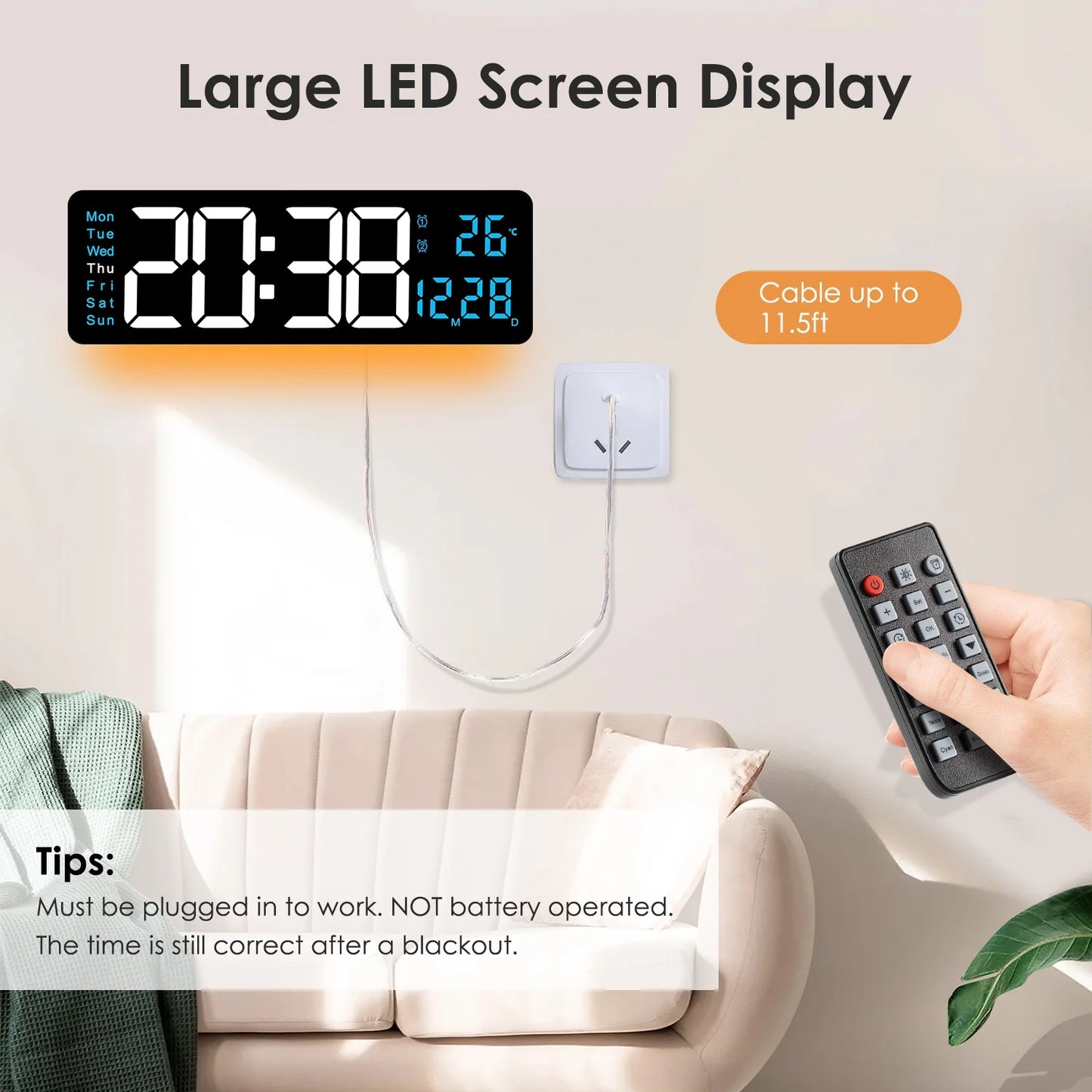 Onekawa 16" Digital Wall Clock,Dimmer Dual Alarm Clocks for Bedroom,8 Colors Large LED Display with Remote Control,12/24H,Black
