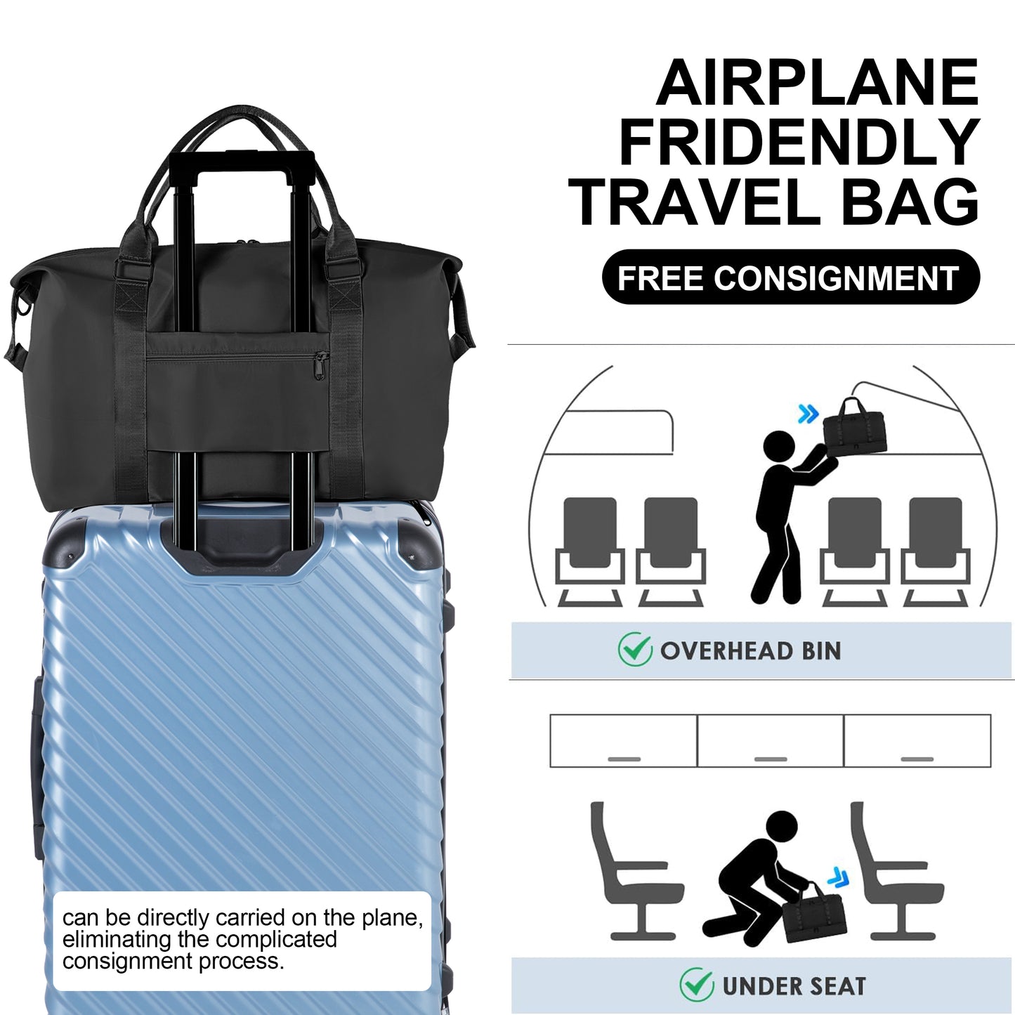 WANALIT Duffel Bag for Women & Men Weekender Overnight Gym Bag with Wet-Dry Compartment Carry-On Travel Essentials, Toiletry Organizer & Trolley Sleeve-Black