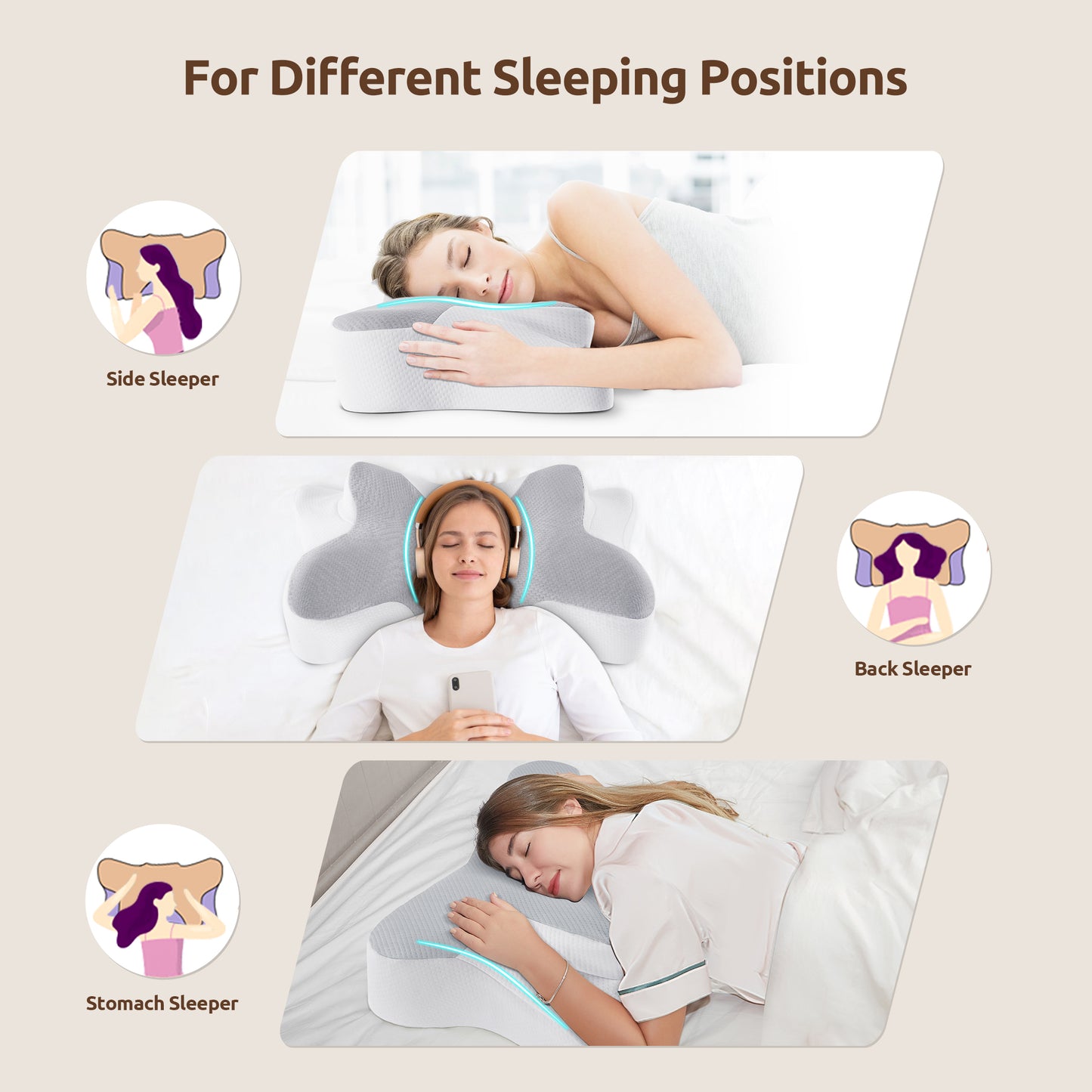 MOONORAH Cervical Pillow, Neck Pain Relief, Ergonomic Neck Support Pillow with Washable Breathable Pillowcase for Side, Back and Prone Sleepers, Queen, Gray, Perfect Gift for Family and Friends.