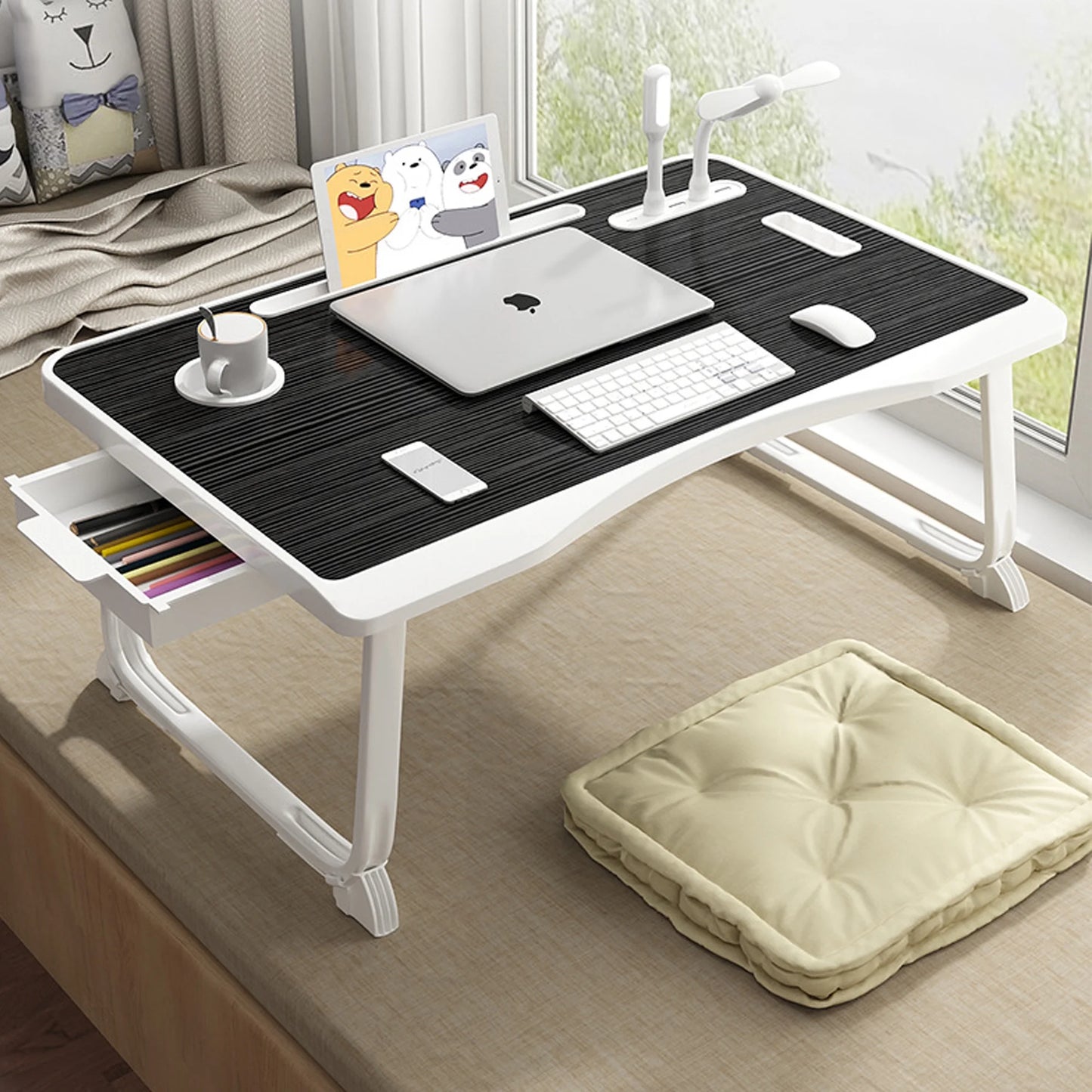 Onekawa Laptop Bed Desk Tray Bed Table, 23.6 Inch Foldable Portable Lap Desk Notebook Stand Reading Holder with Storage Drawer and USB Port for Bed/Couch/Sofa/Floor -Black
