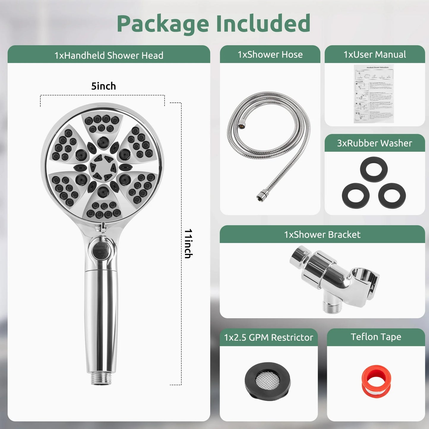 Onekawa Handheld Shower Head, High Pressure Shower Heads with Hose,Filtered Showerhead with Water Stop Button, 10 Spray Modes,Silver