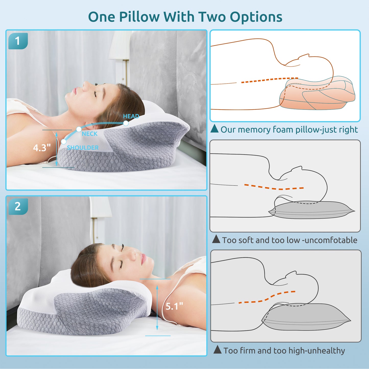 MOONORAH Cervical Pillow for Neck Pain Relief, Adjustable Support Side Sleeping Pillow with Cooling Pillowcase, Bed Pillow for Supine and Stomach Sleepers, Gray