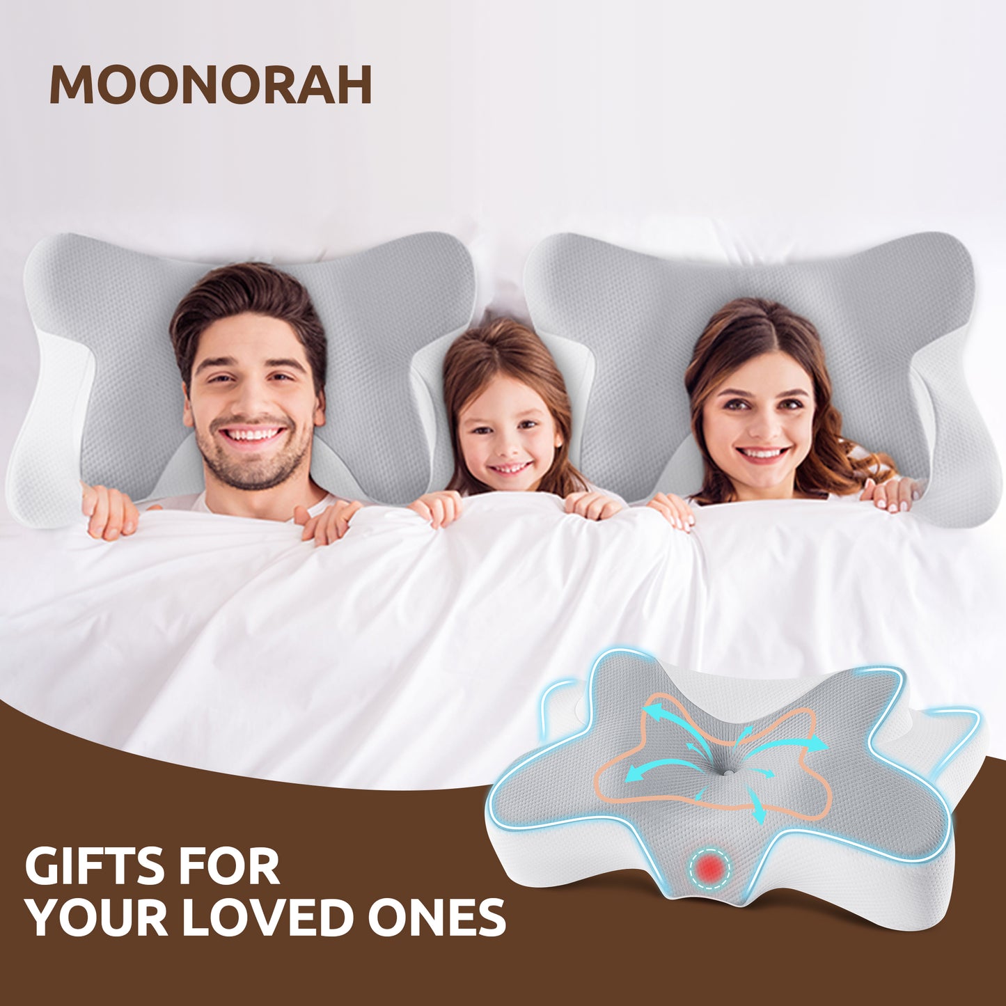 MOONORAH Cervical Pillow, Neck Pain Relief, Ergonomic Neck Support Pillow with Washable Breathable Pillowcase for Side, Back and Prone Sleepers, Queen, Gray, Perfect Gift for Family and Friends.