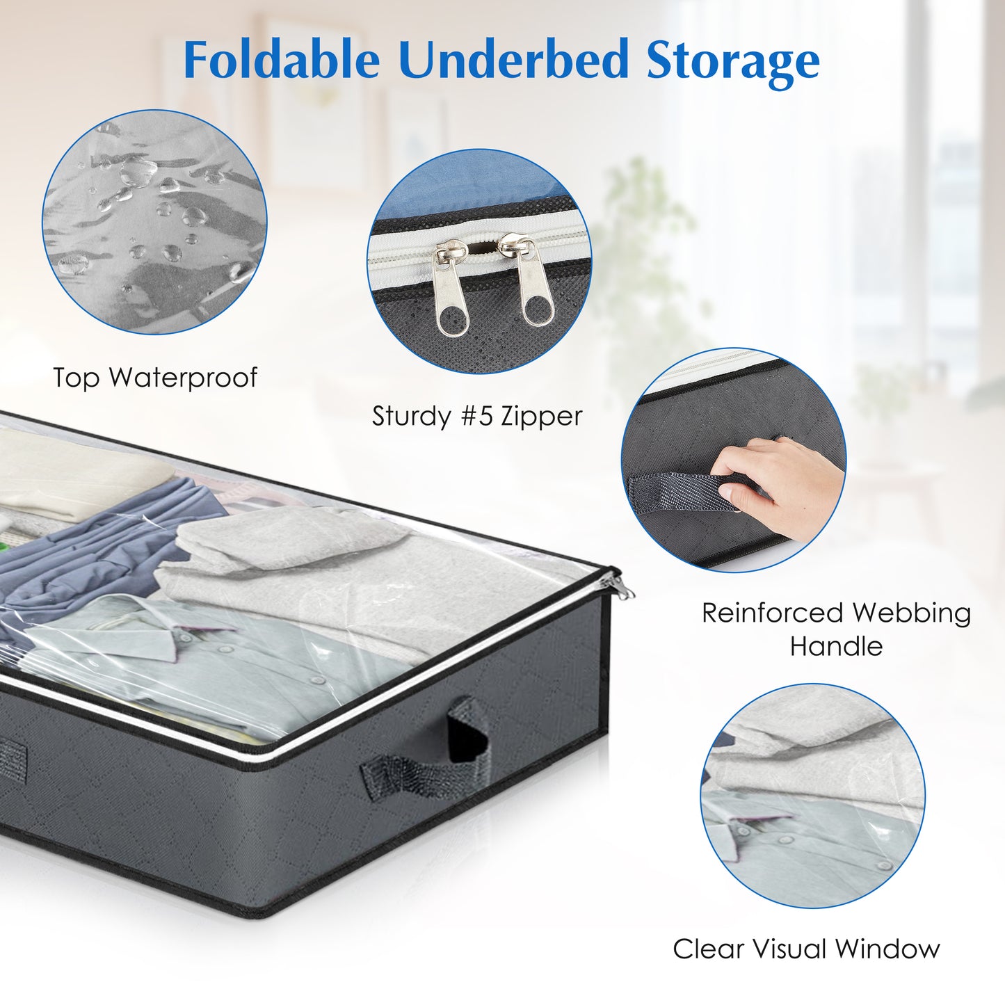 Onekawa 4 Pack Under Bed Storage Bins 90L Foldable Closet Organizers for Blankets, Comforters, Bedding, Sweaters - Clear Window & Dual Zippers, Space Saving Storage Containers with Handles(Gray)
